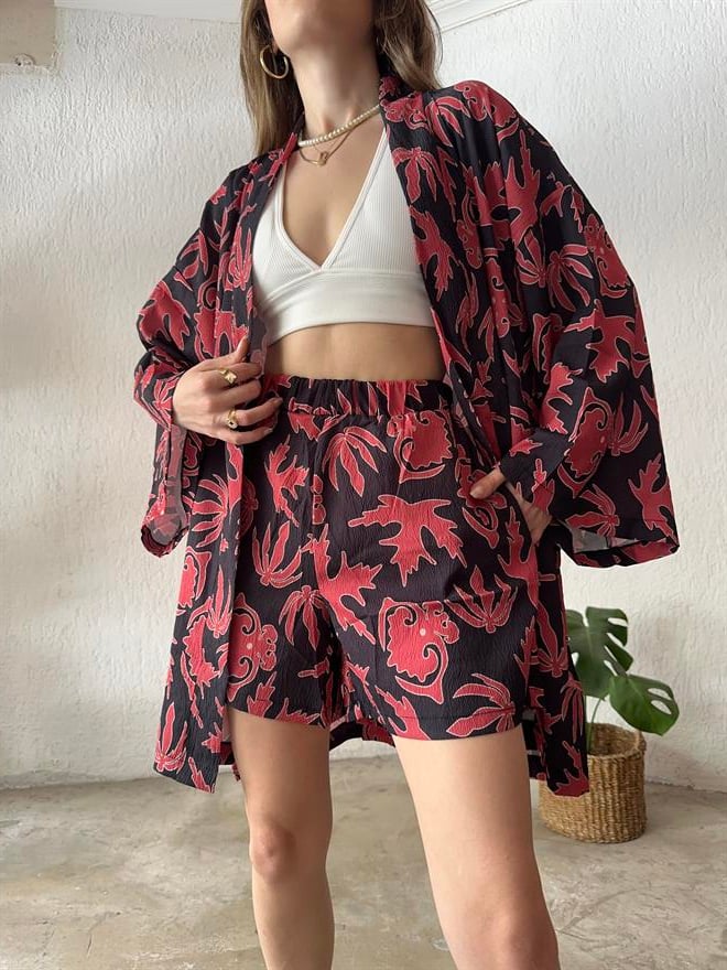 Kimono Şort Takım Etnik Desenli - Dominatrend