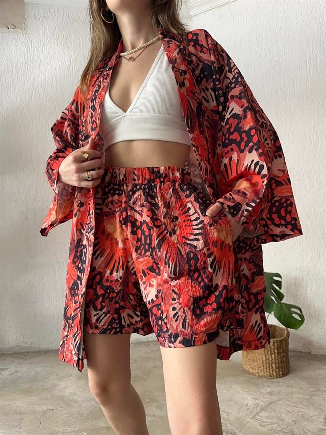 Kimono Şort Takım Renkli Desenli - Dominatrend
