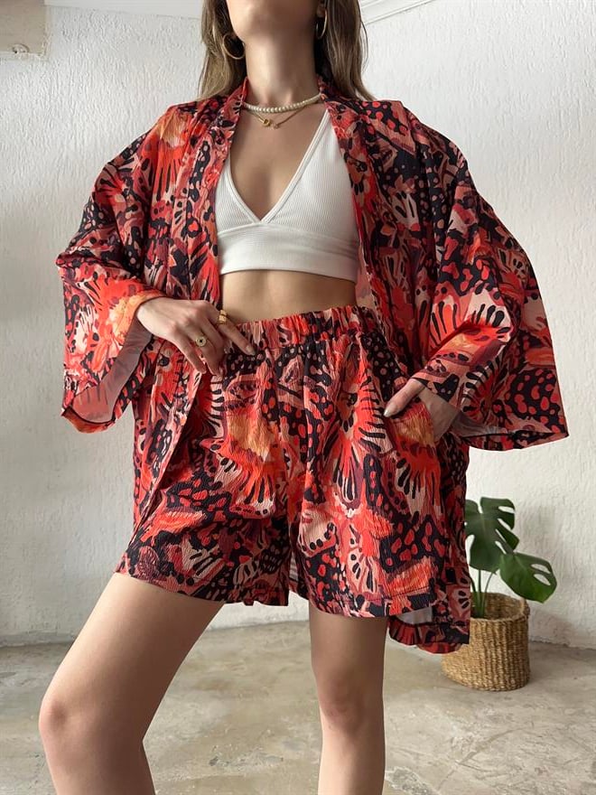 Kimono Şort Takım Renkli Desenli - Dominatrend