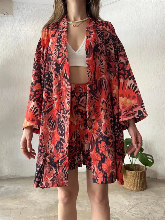 Kimono Şort Takım Renkli Desenli - Dominatrend