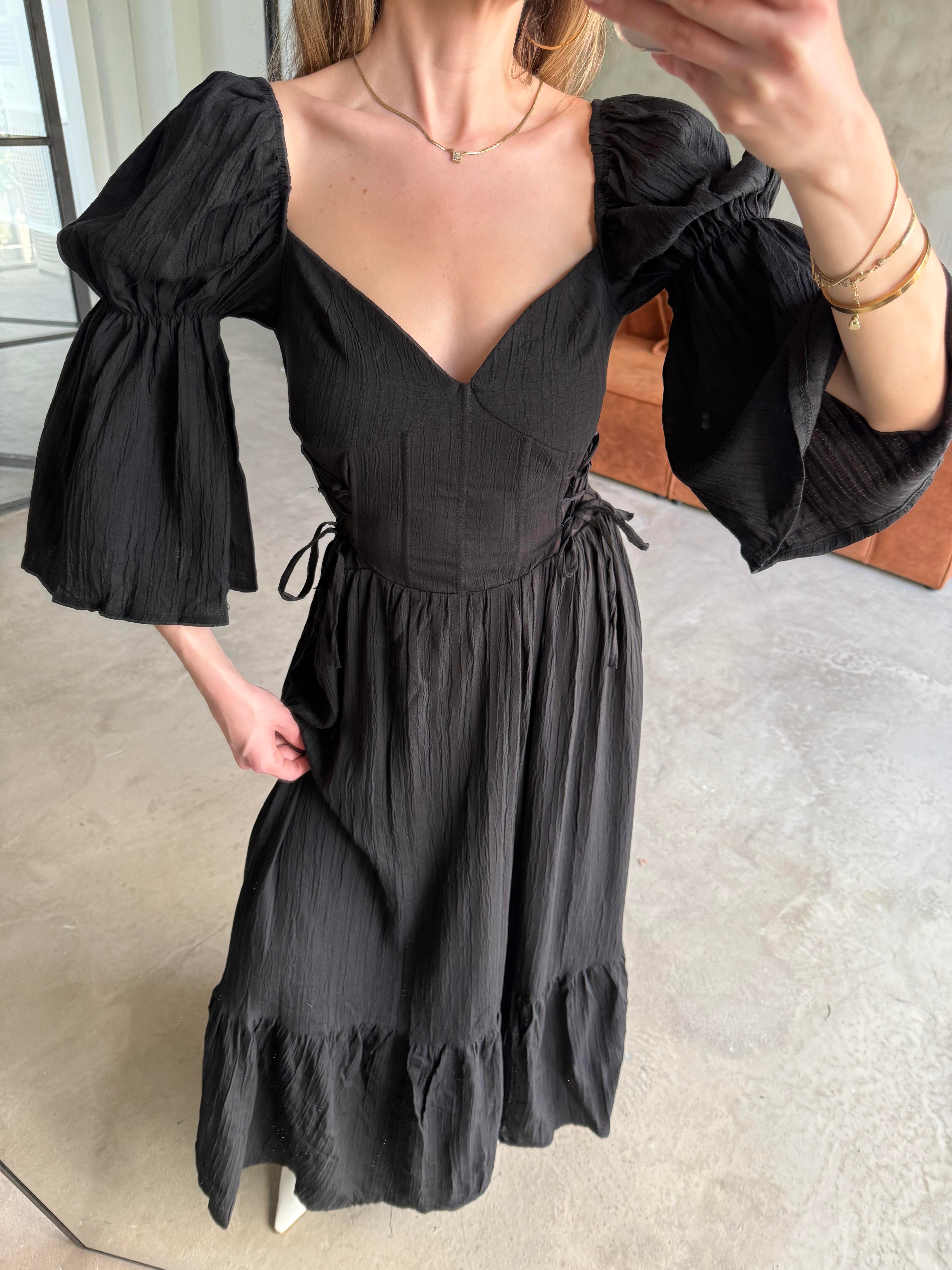 Korseli Maxi Elbise - Siyah - Dominatrend