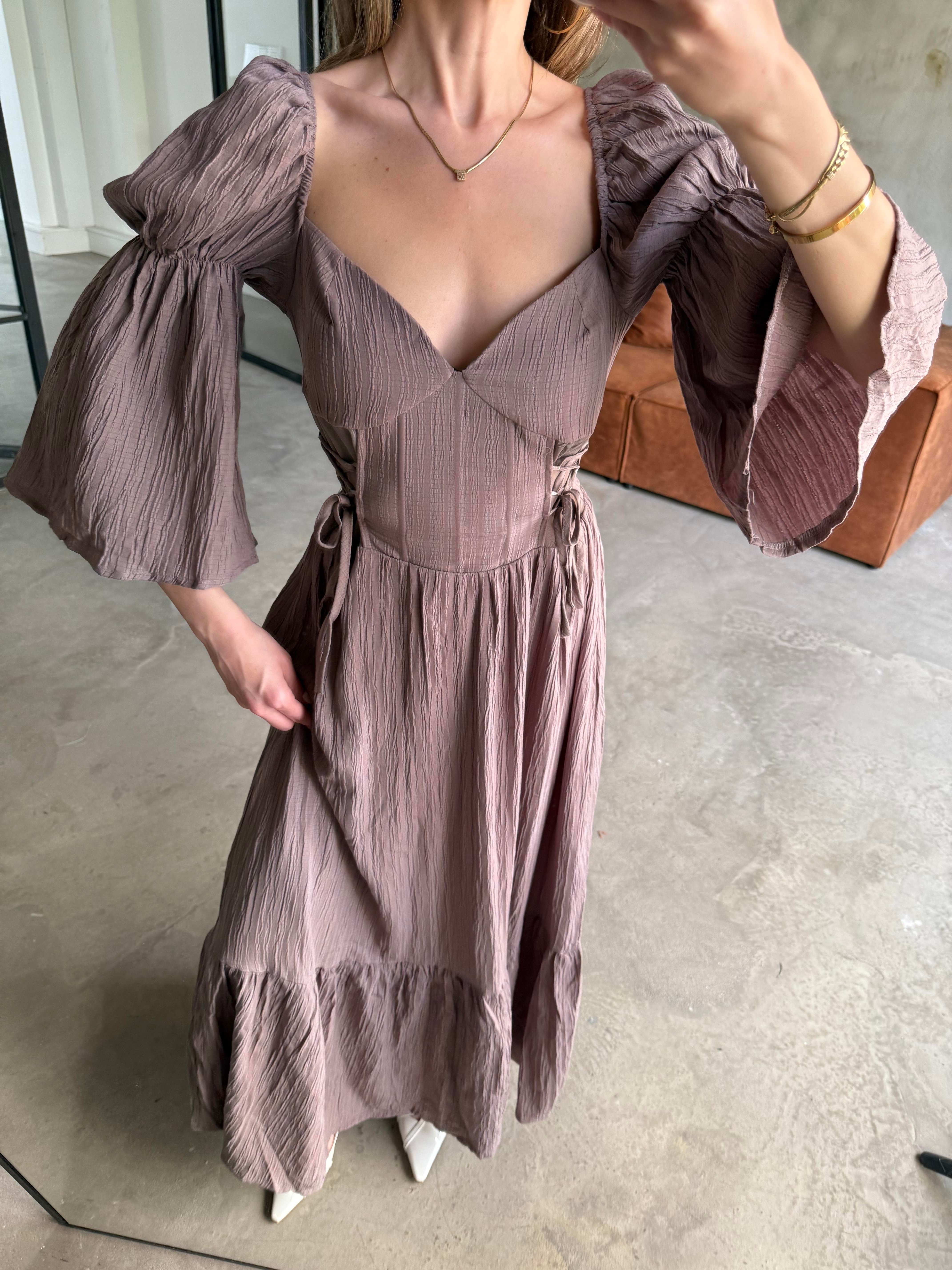 Korseli Maxi Elbise - Vizon - Dominatrend