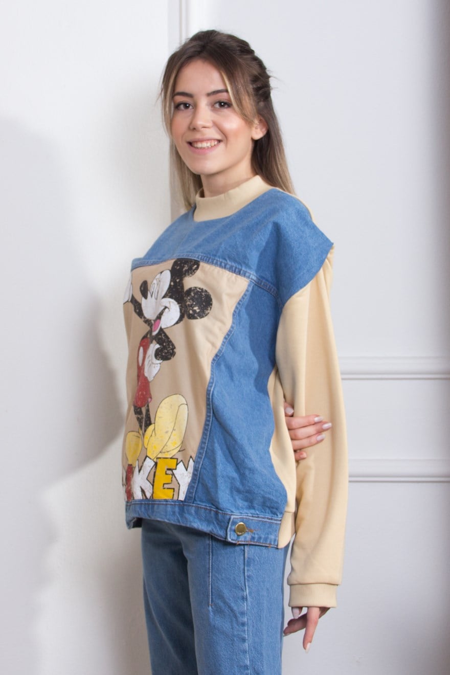 Kot Detay Mickey Mouse Sweatshirt - Mavi - Dominatrend