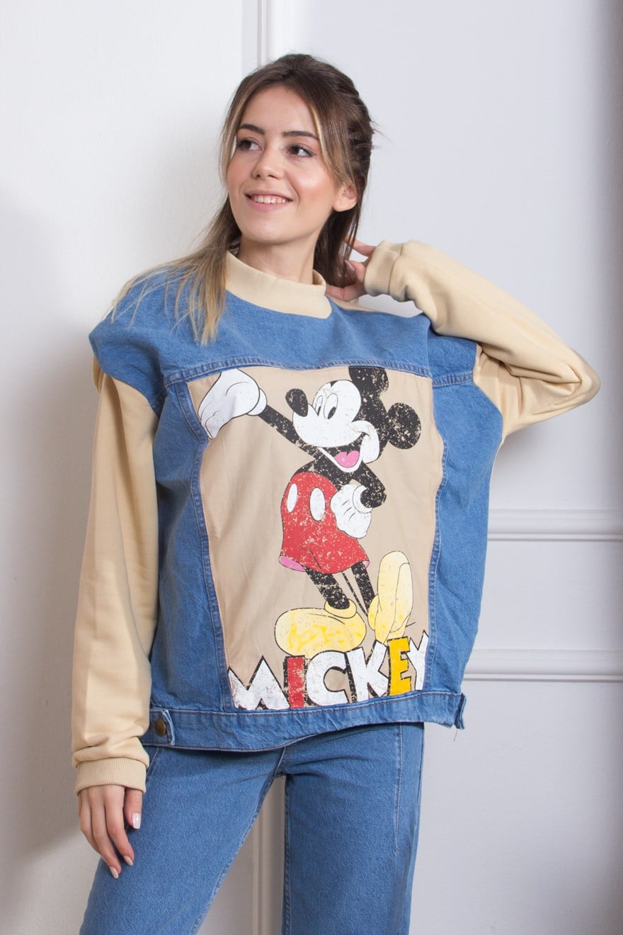 Kot Detay Mickey Mouse Sweatshirt - Mavi - Dominatrend
