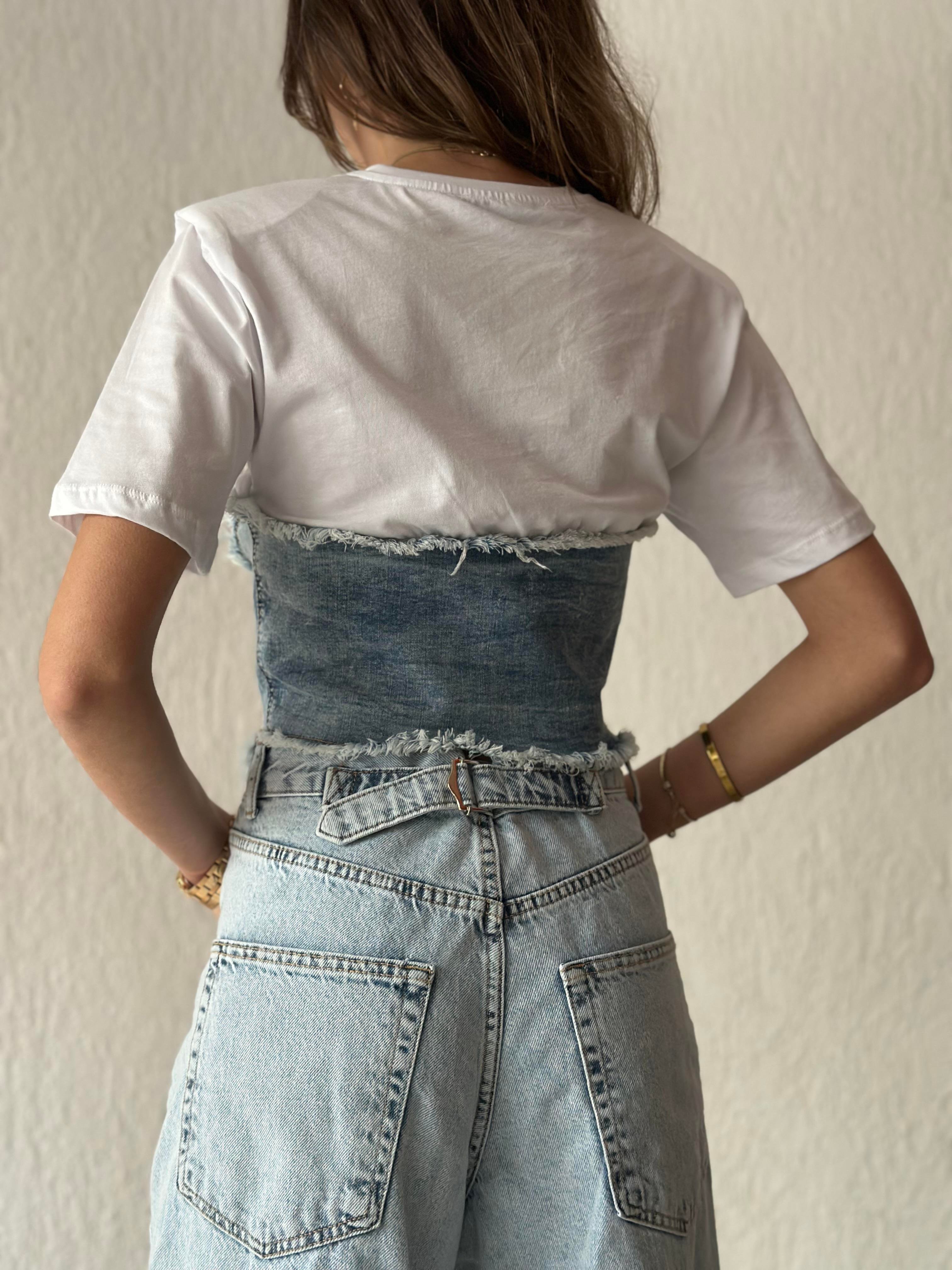 Kot Korse Vatkalı T-shirt - Beyaz - Dominatrend
