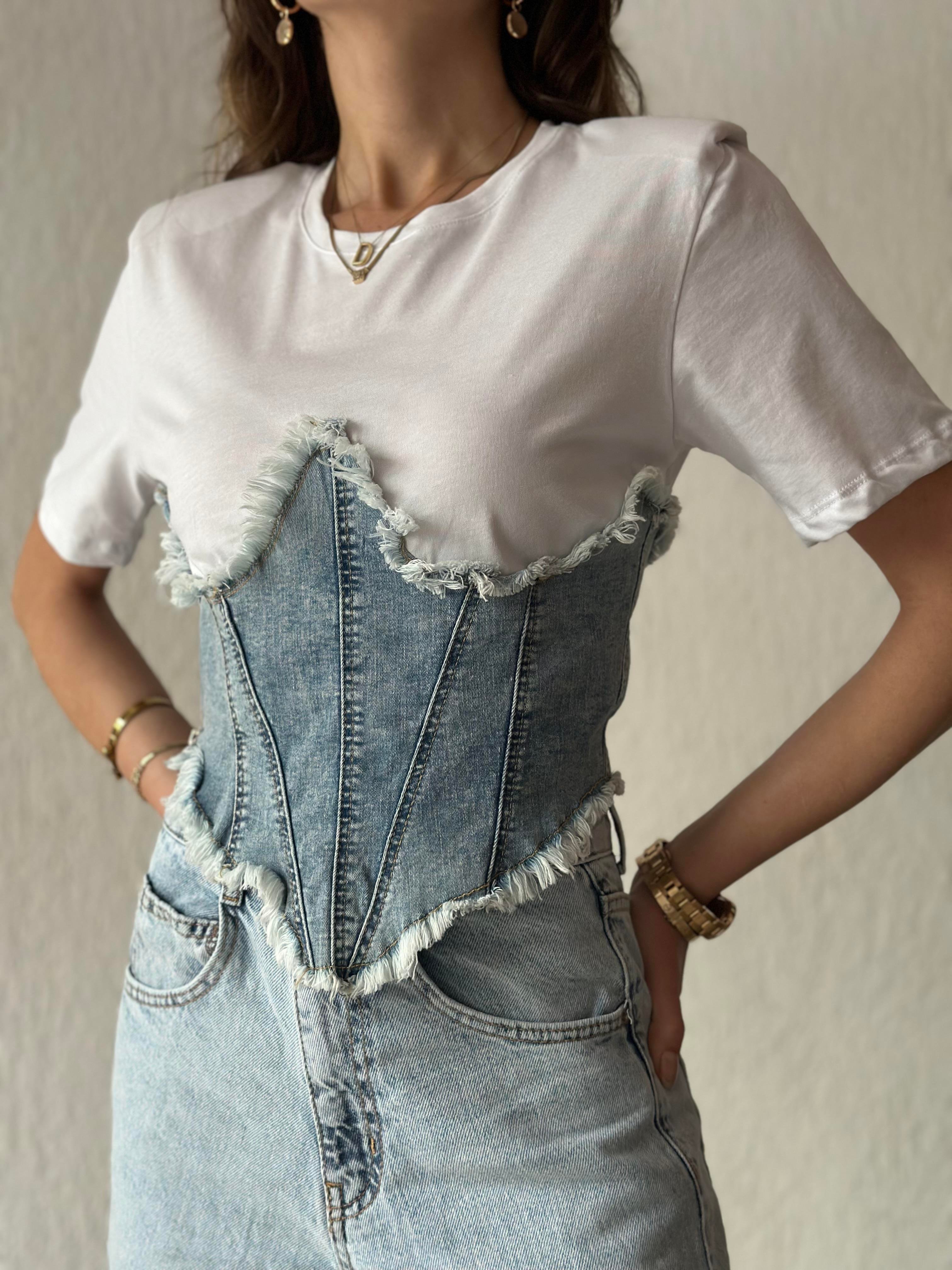 Kot Korse Vatkalı T-shirt - Beyaz - Dominatrend