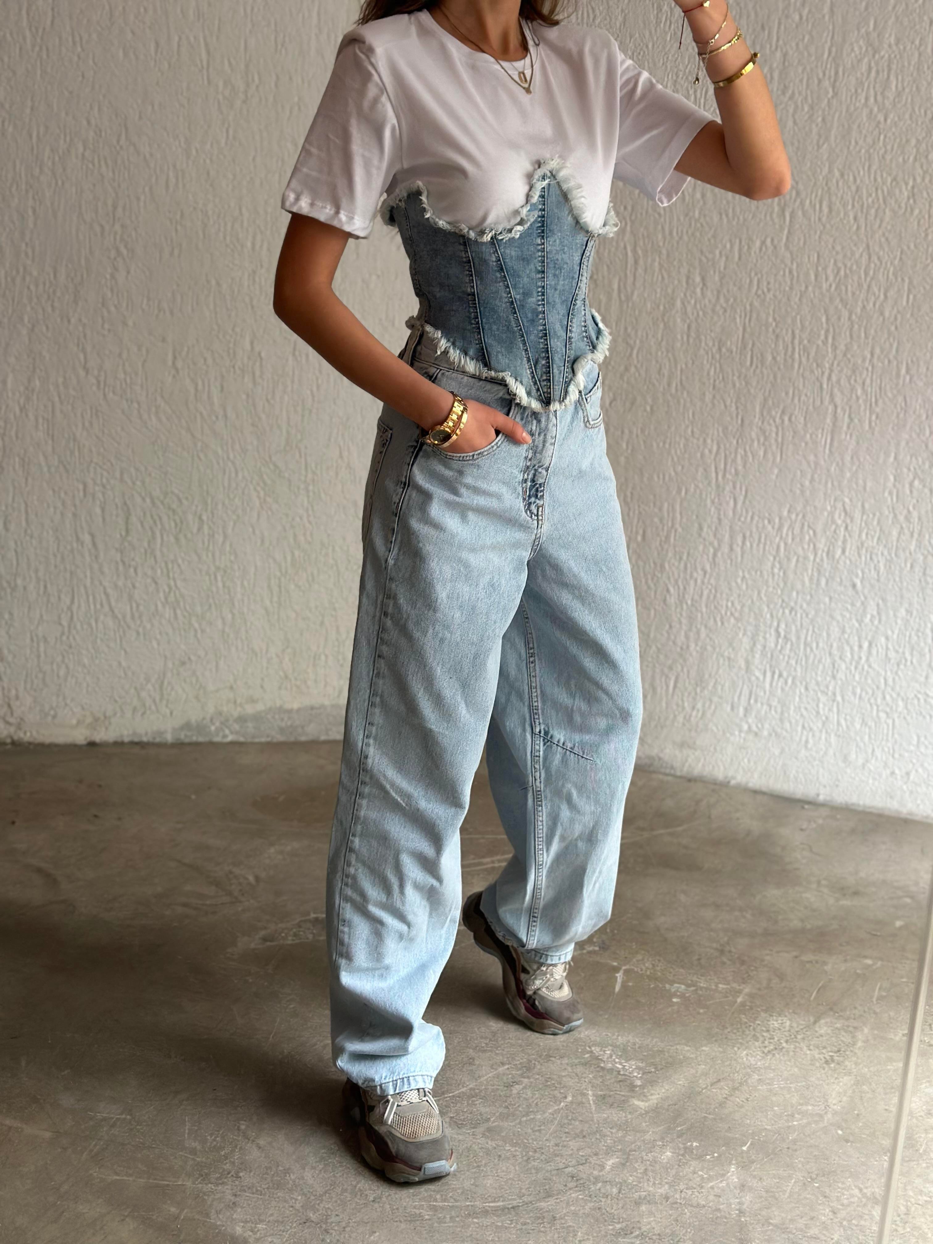 Kot Korse Vatkalı T-shirt - Beyaz - Dominatrend