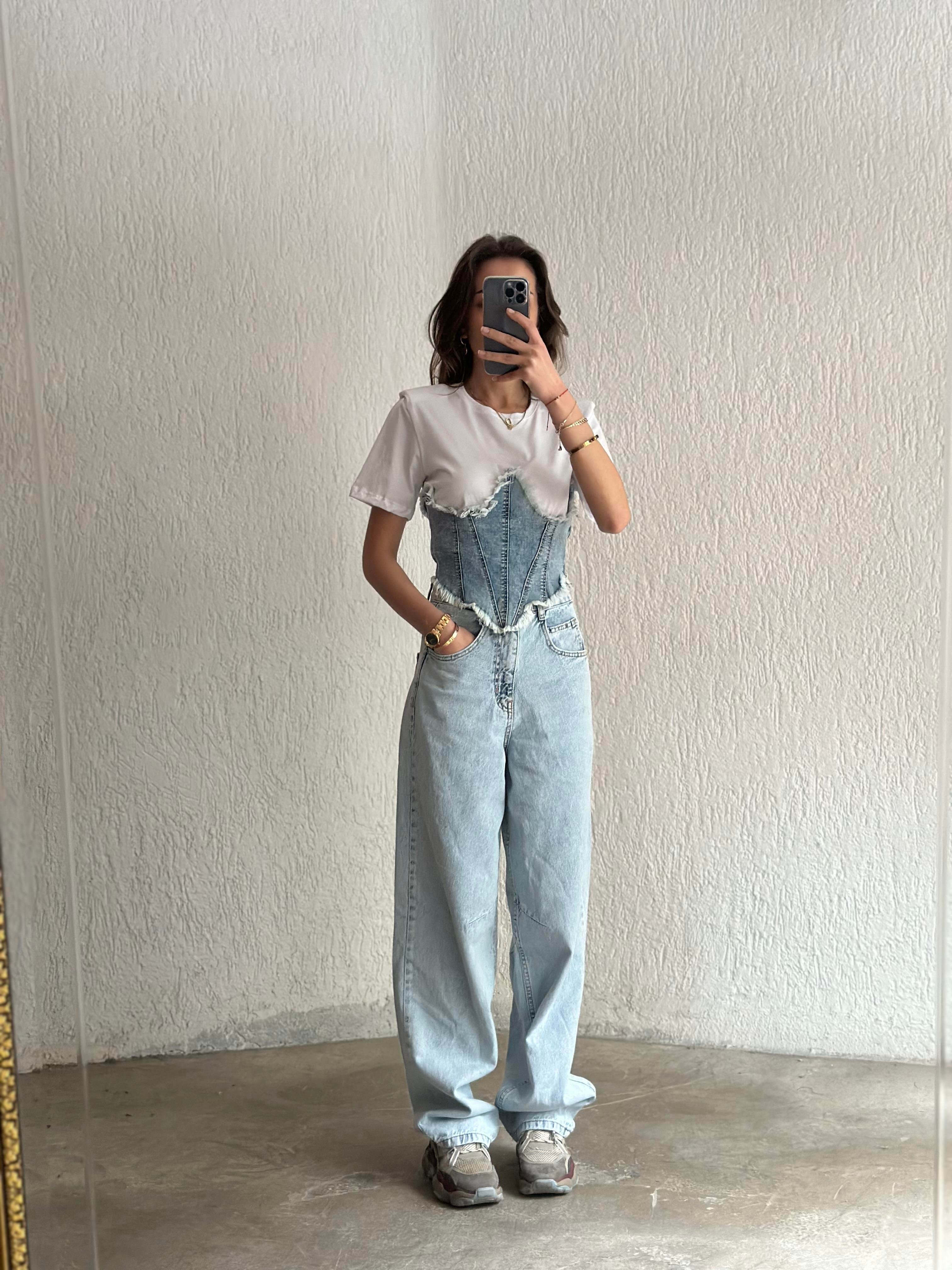 Kot Korse Vatkalı T-shirt - Beyaz - Dominatrend