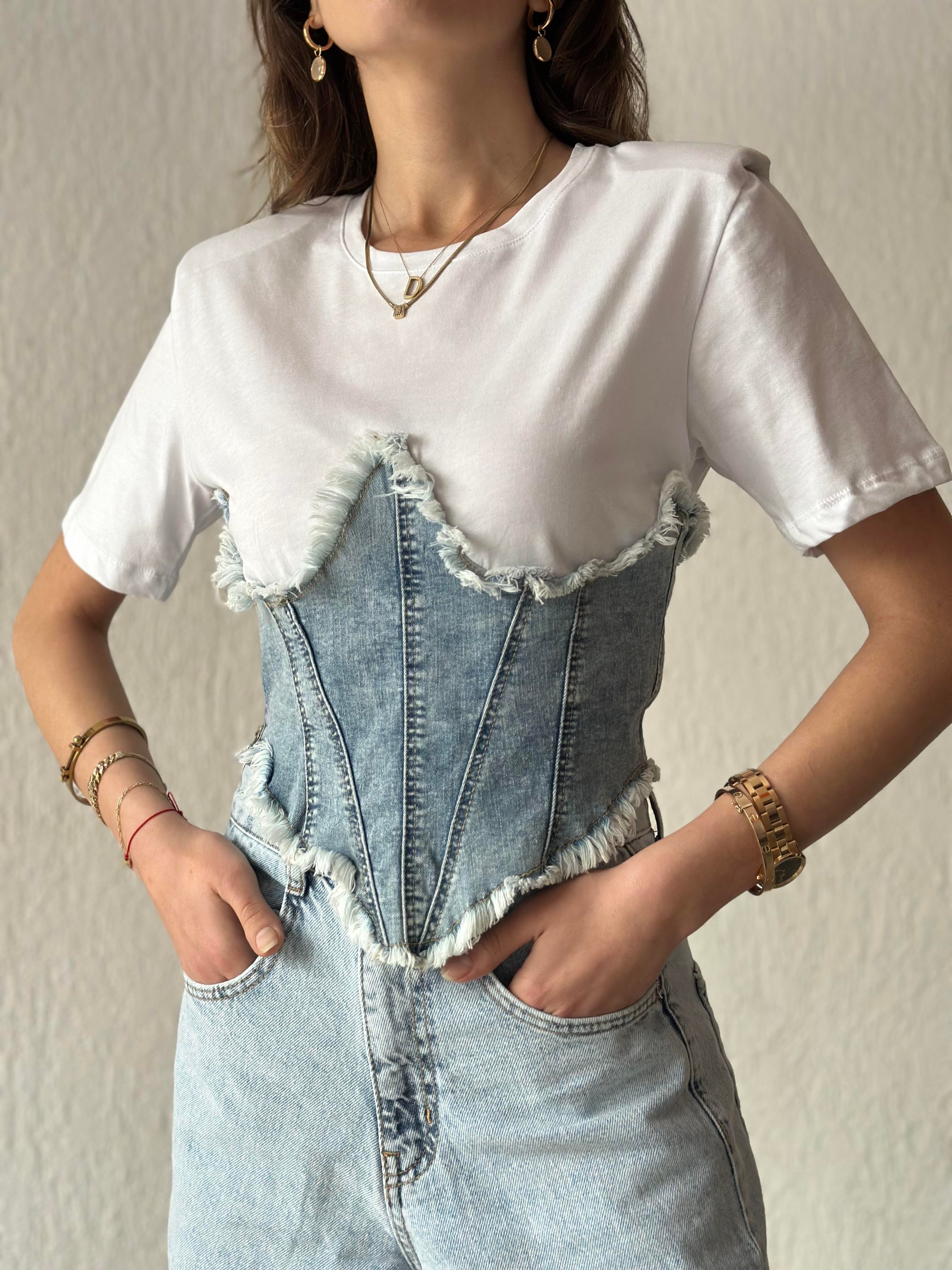 Kot Korse Vatkalı T-shirt - Beyaz - Dominatrend