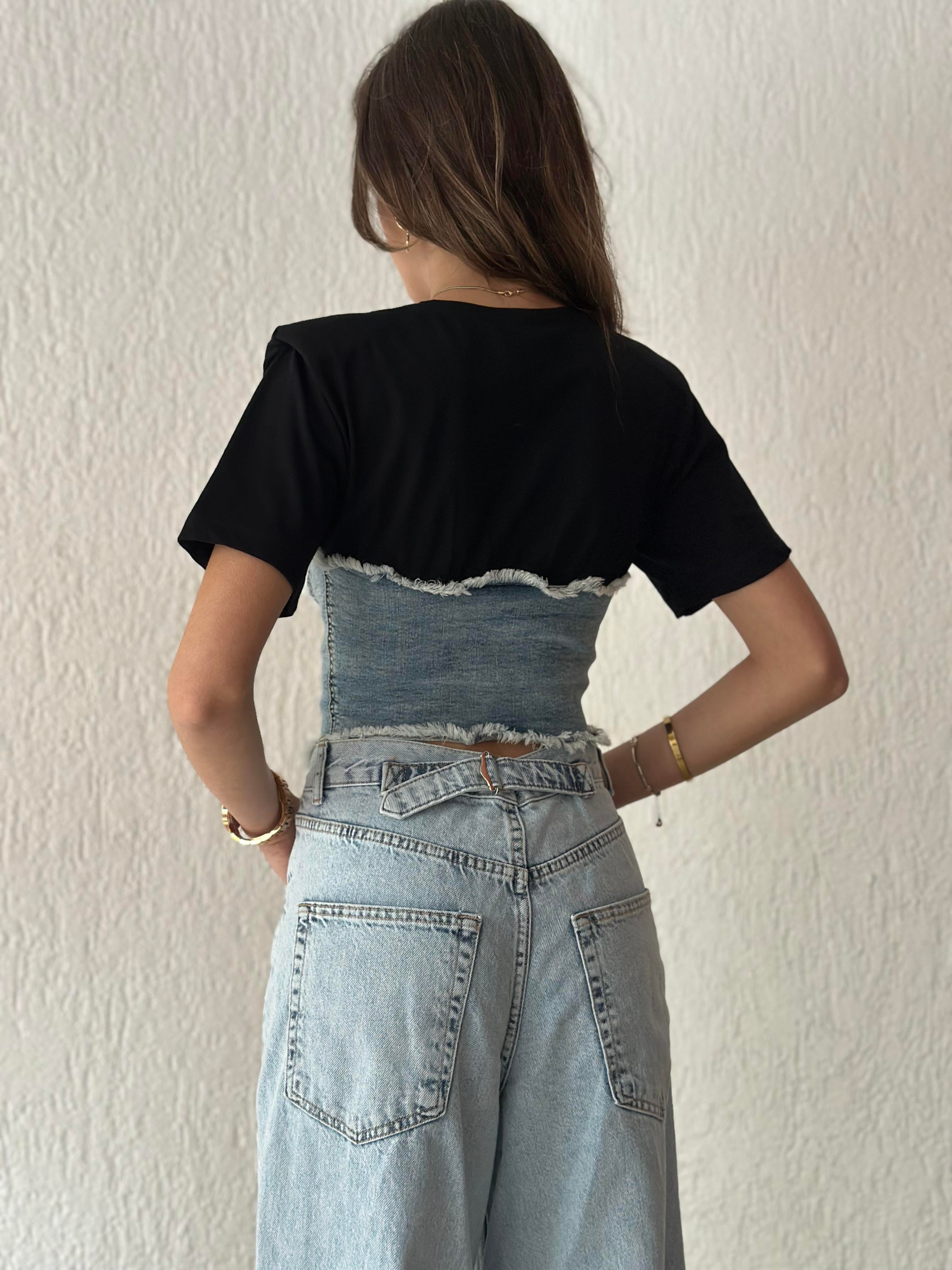 Kot Korseli Vatkalı T-shirt - Siyah - Dominatrend