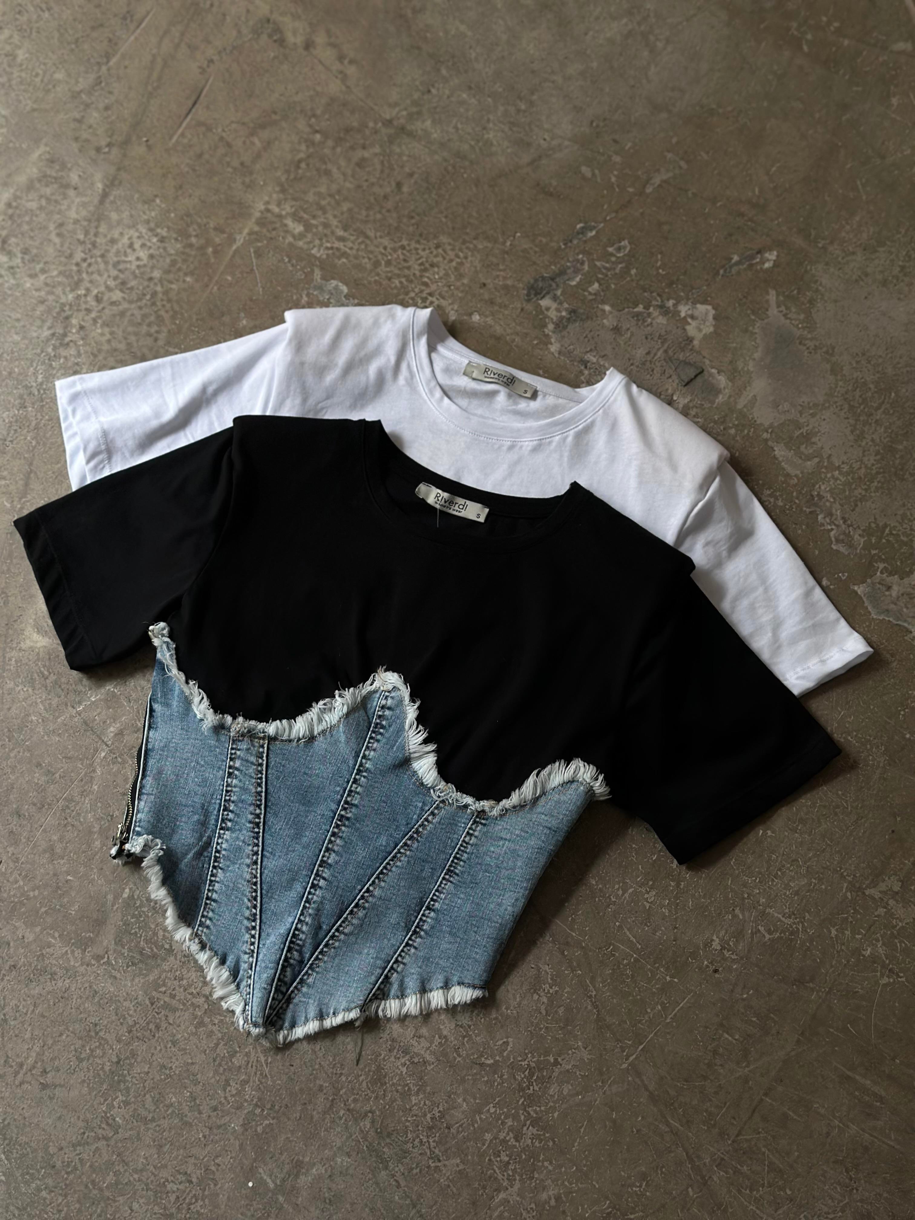 Kot Korseli Vatkalı T-shirt - Siyah - Dominatrend