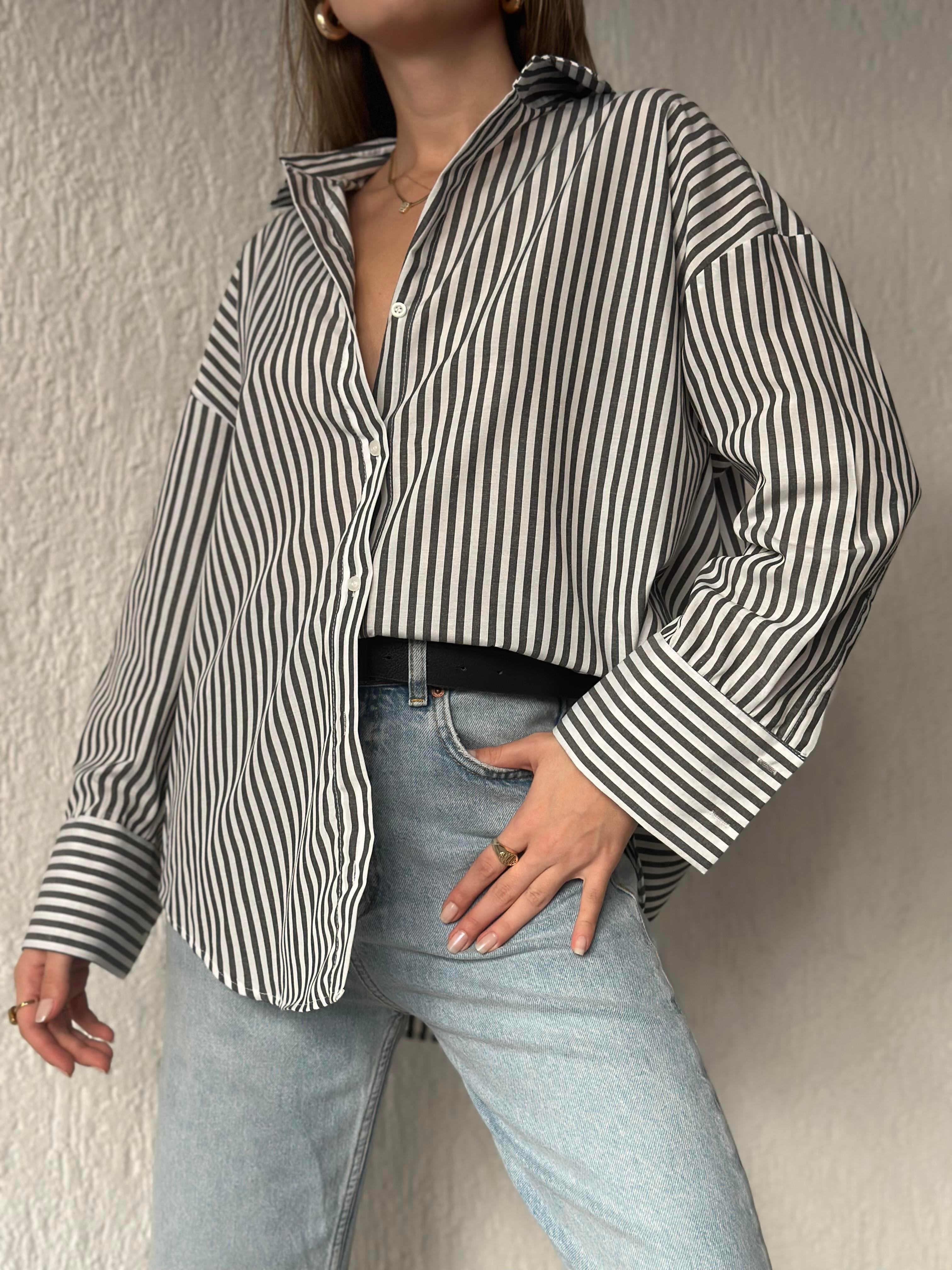 Koyu Antrasit Çizgili Oversize Gömlek - Dominatrend