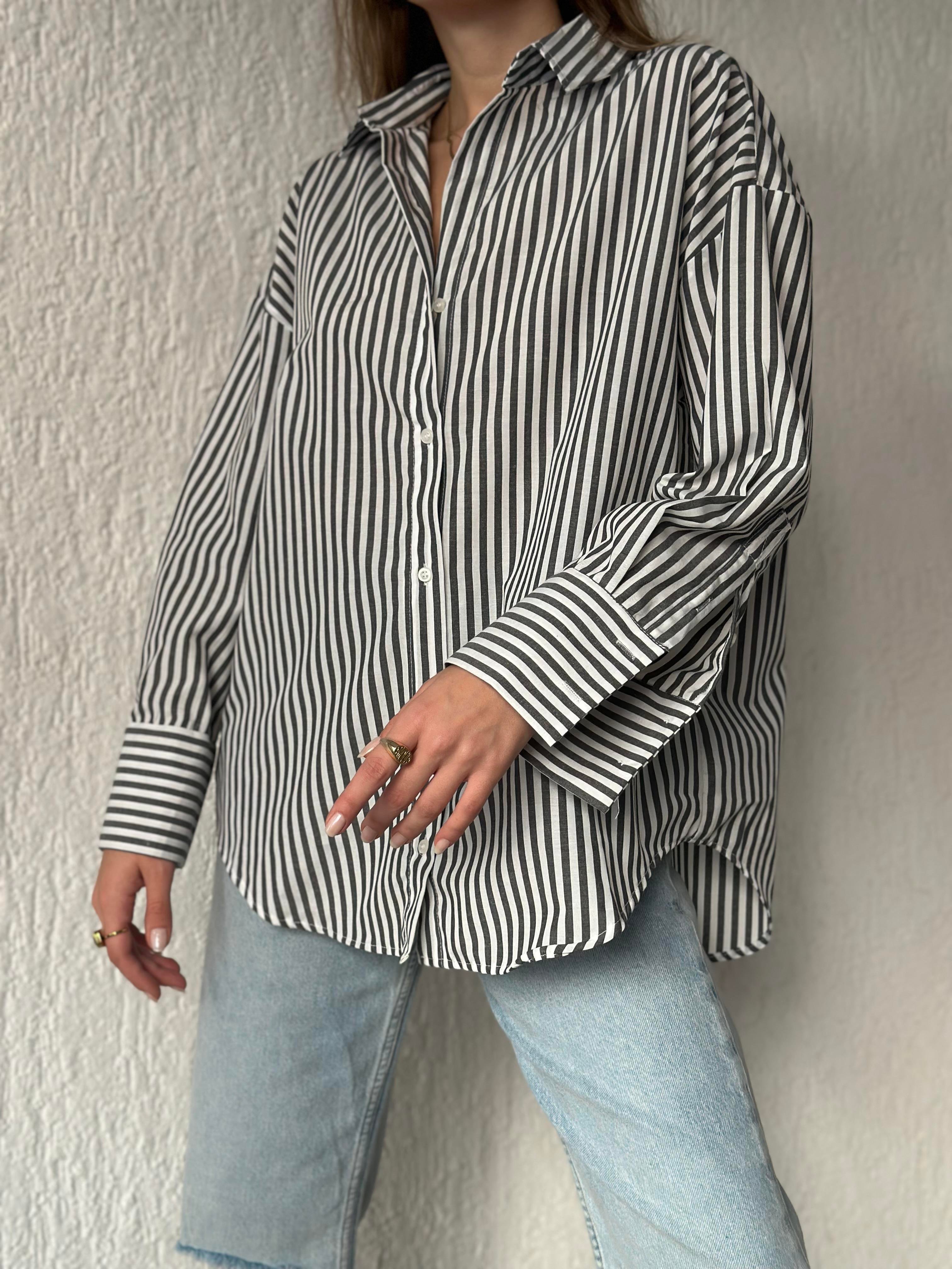 Koyu Antrasit Çizgili Oversize Gömlek - Dominatrend