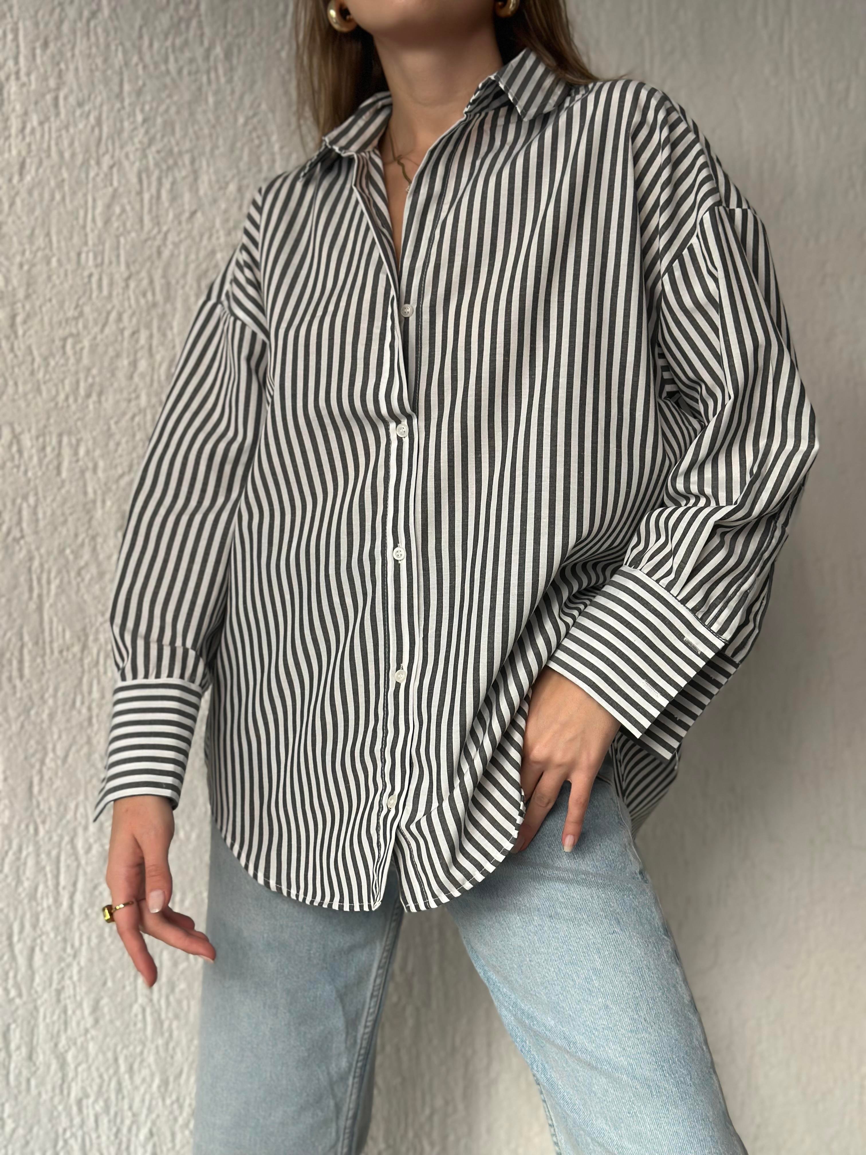 Koyu Antrasit Çizgili Oversize Gömlek - Dominatrend