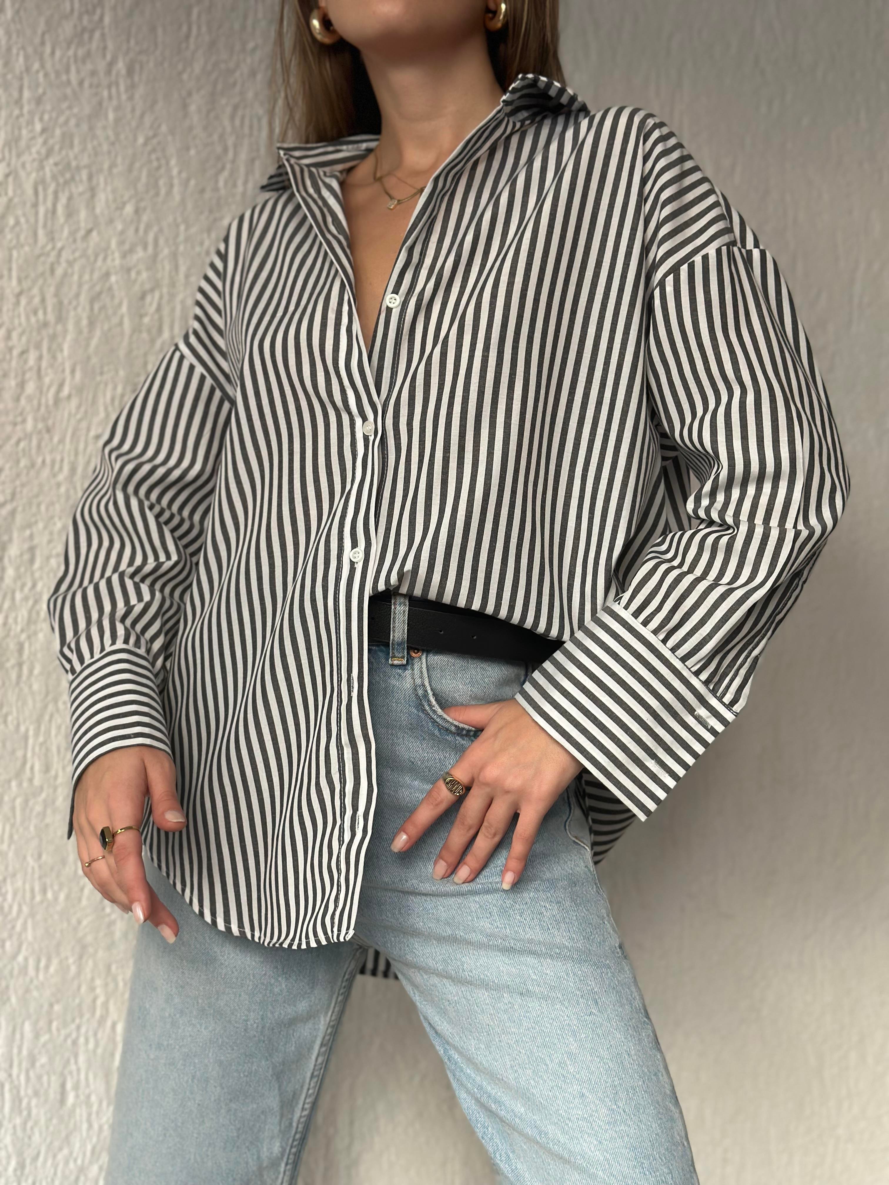 Koyu Antrasit Çizgili Oversize Gömlek - Dominatrend