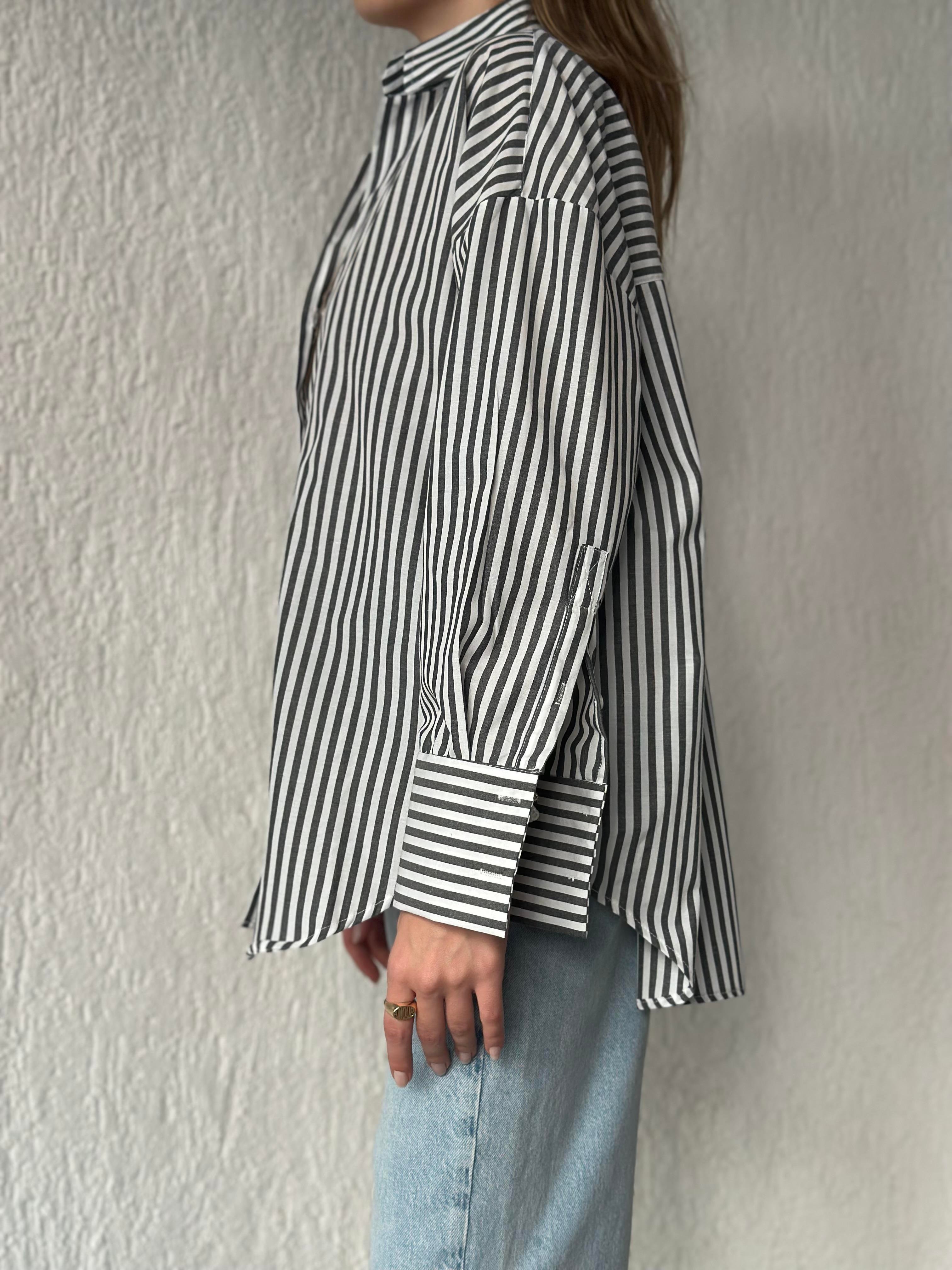 Koyu Antrasit Çizgili Oversize Gömlek - Dominatrend