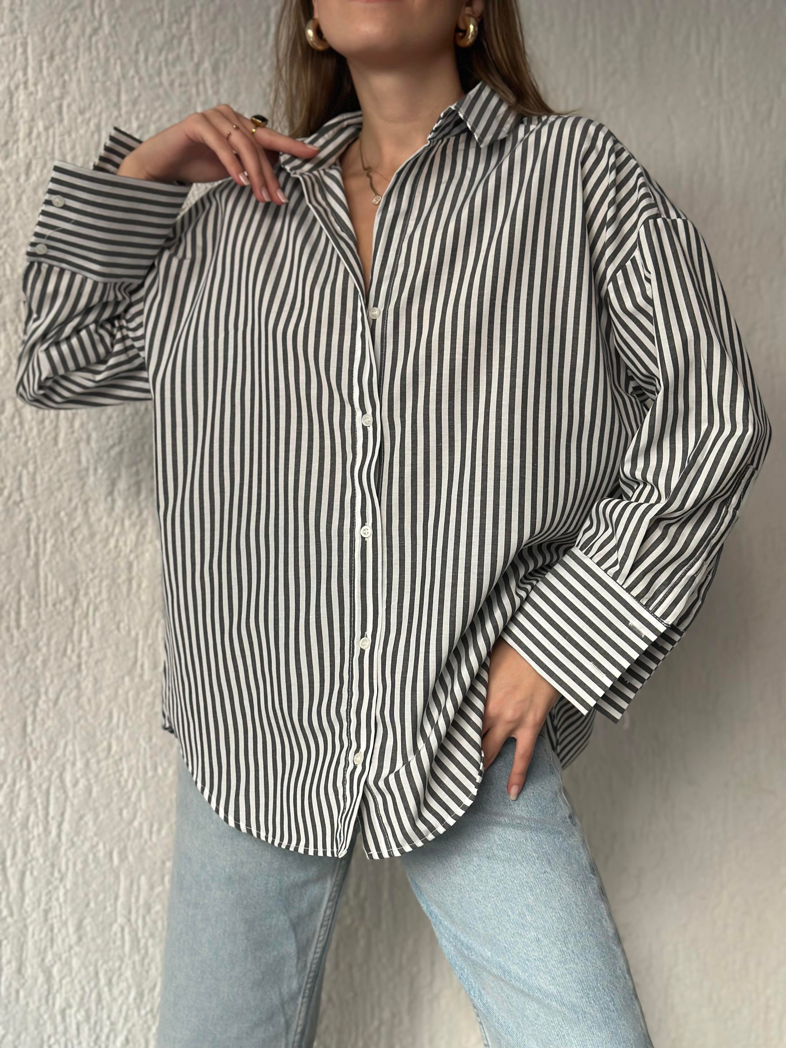 Koyu Antrasit Çizgili Oversize Gömlek - Dominatrend