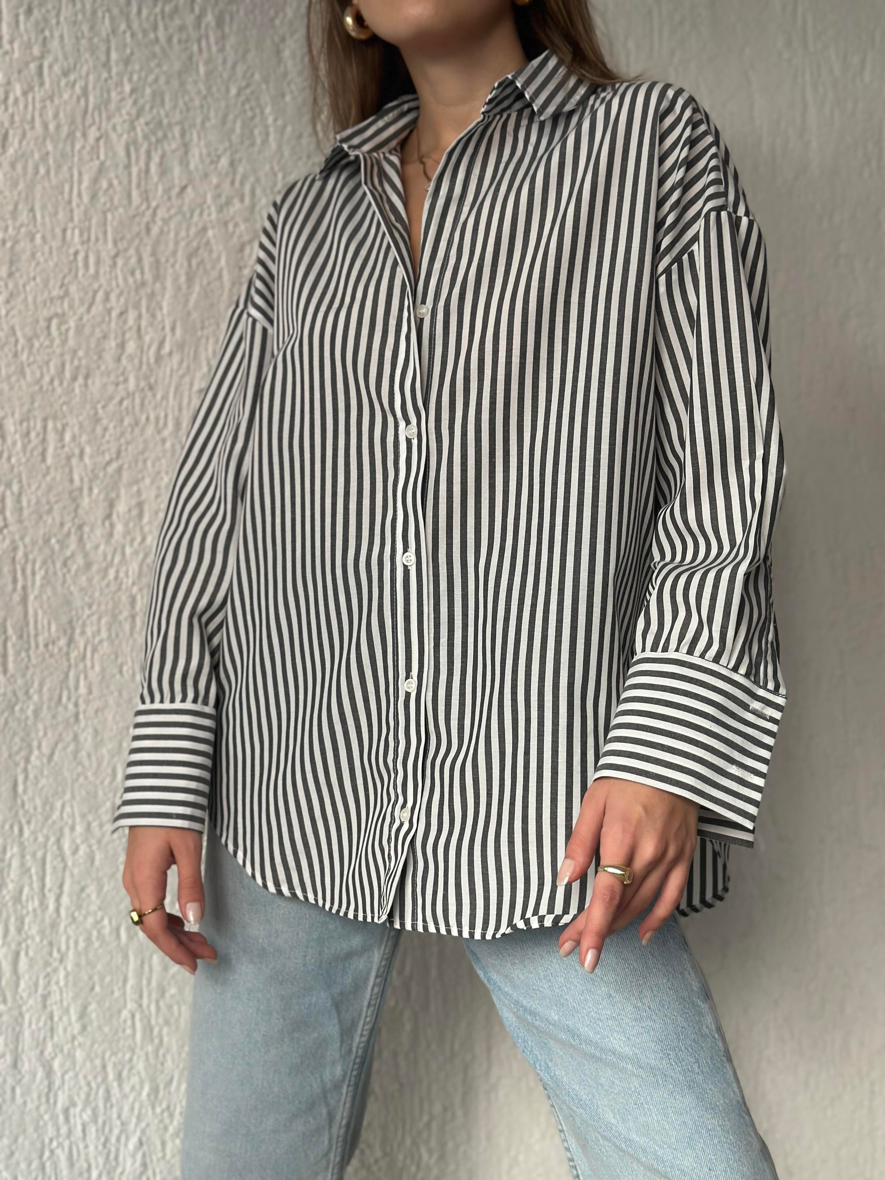 Koyu Antrasit Çizgili Oversize Gömlek - Dominatrend