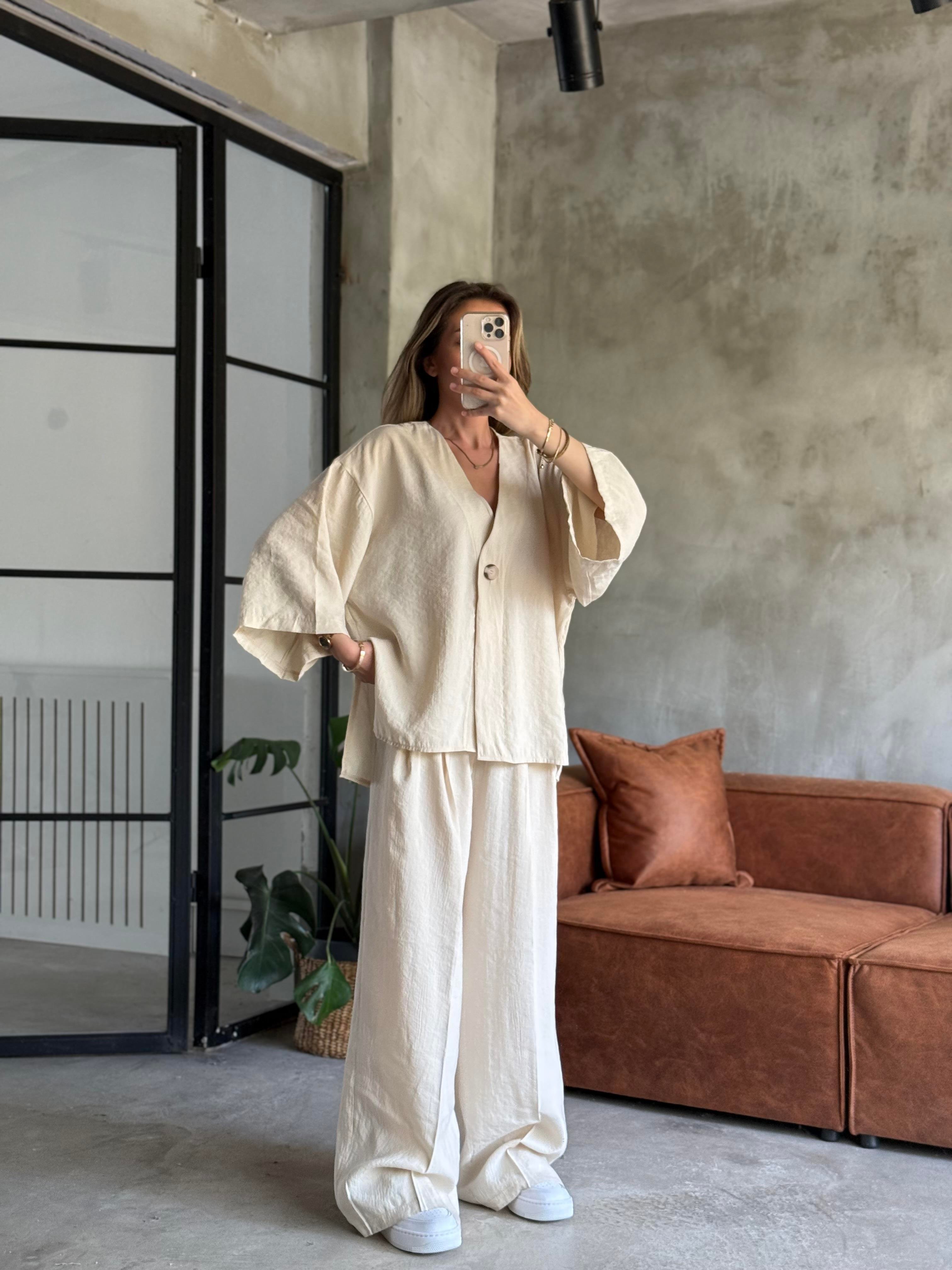 Krem Premium Tensel Oversize Takım - Dominatrend