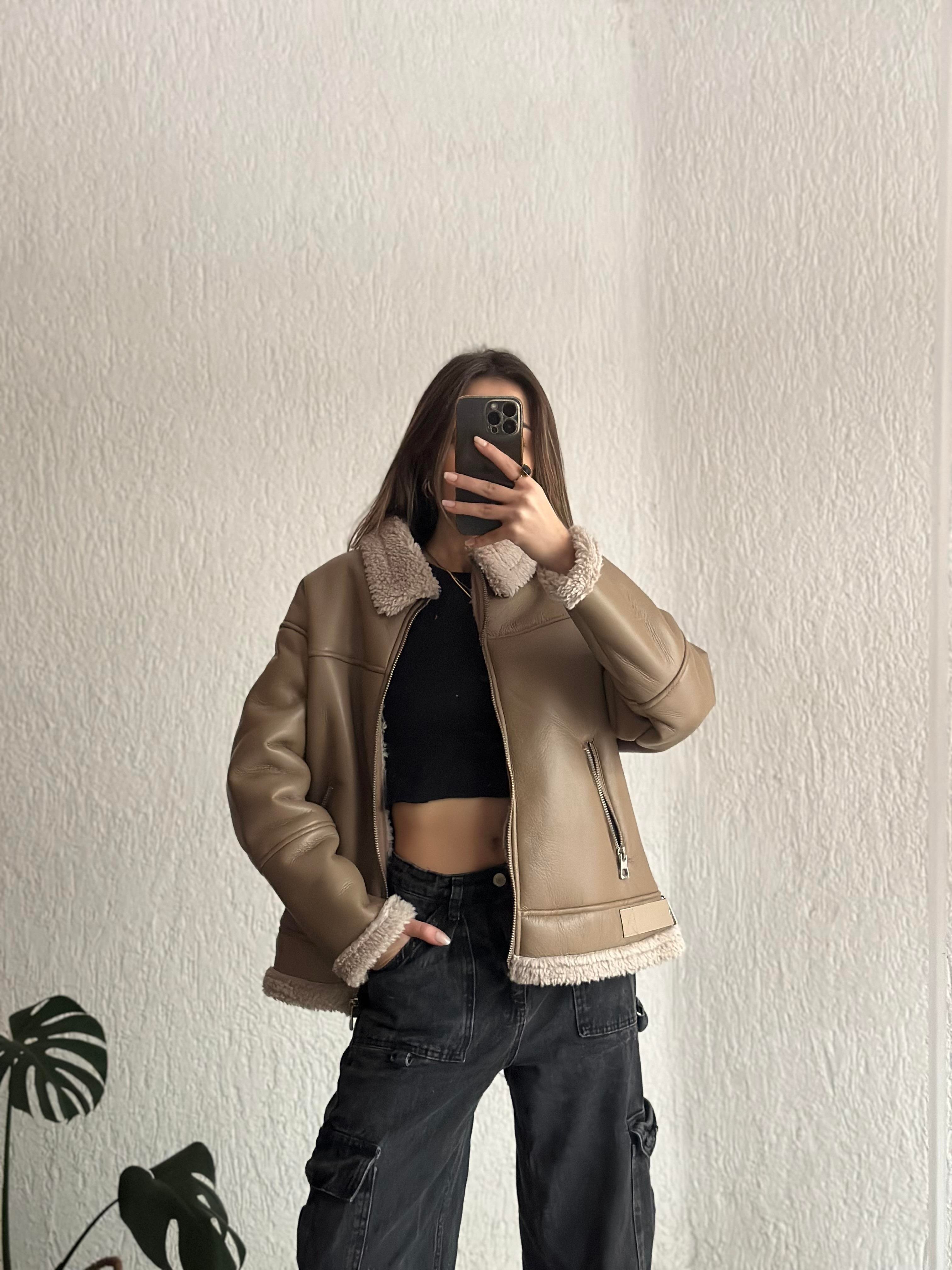 Kürklü Deri Biker Mont - Dominatrend