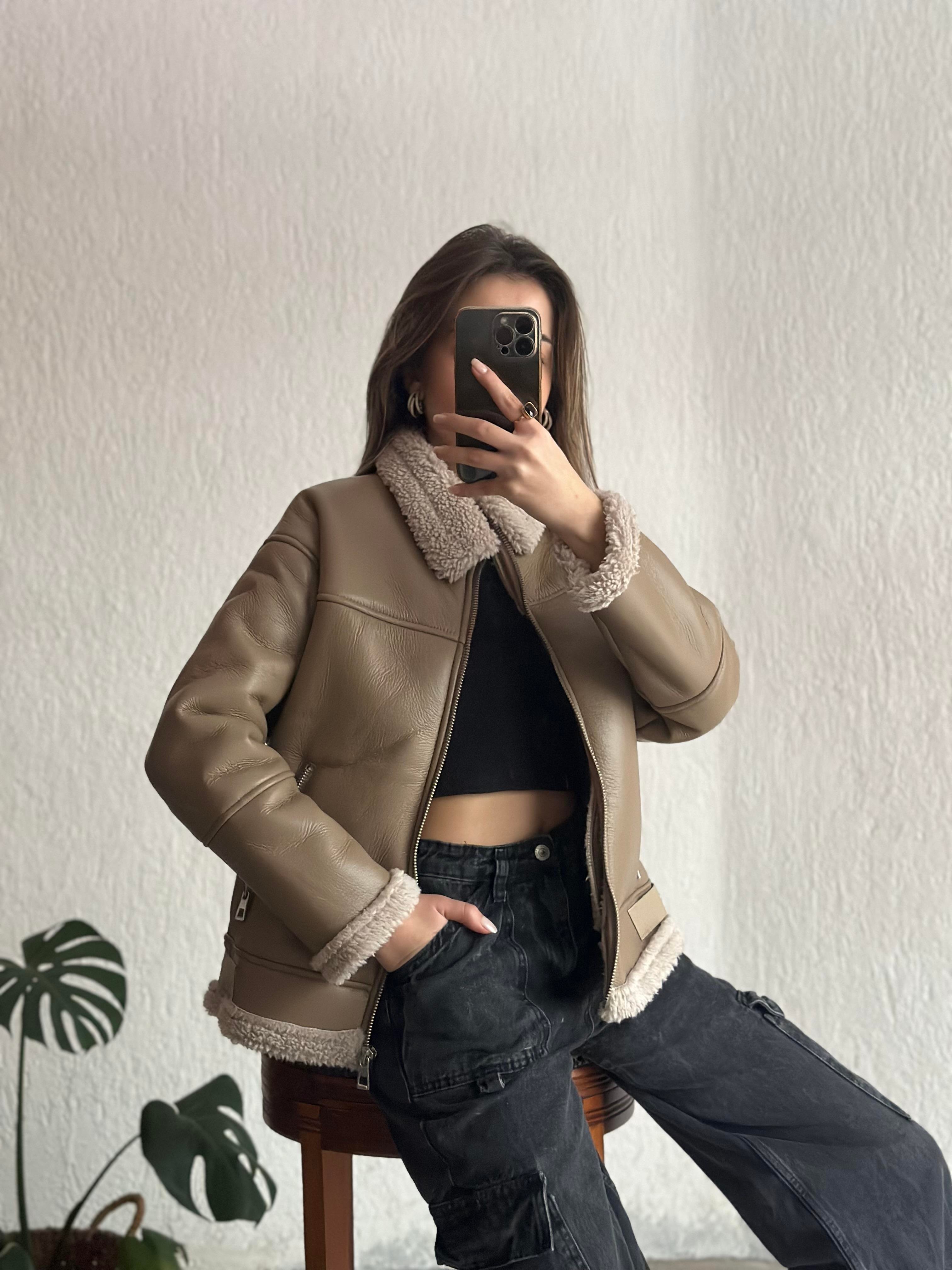 Kürklü Deri Biker Mont - Dominatrend