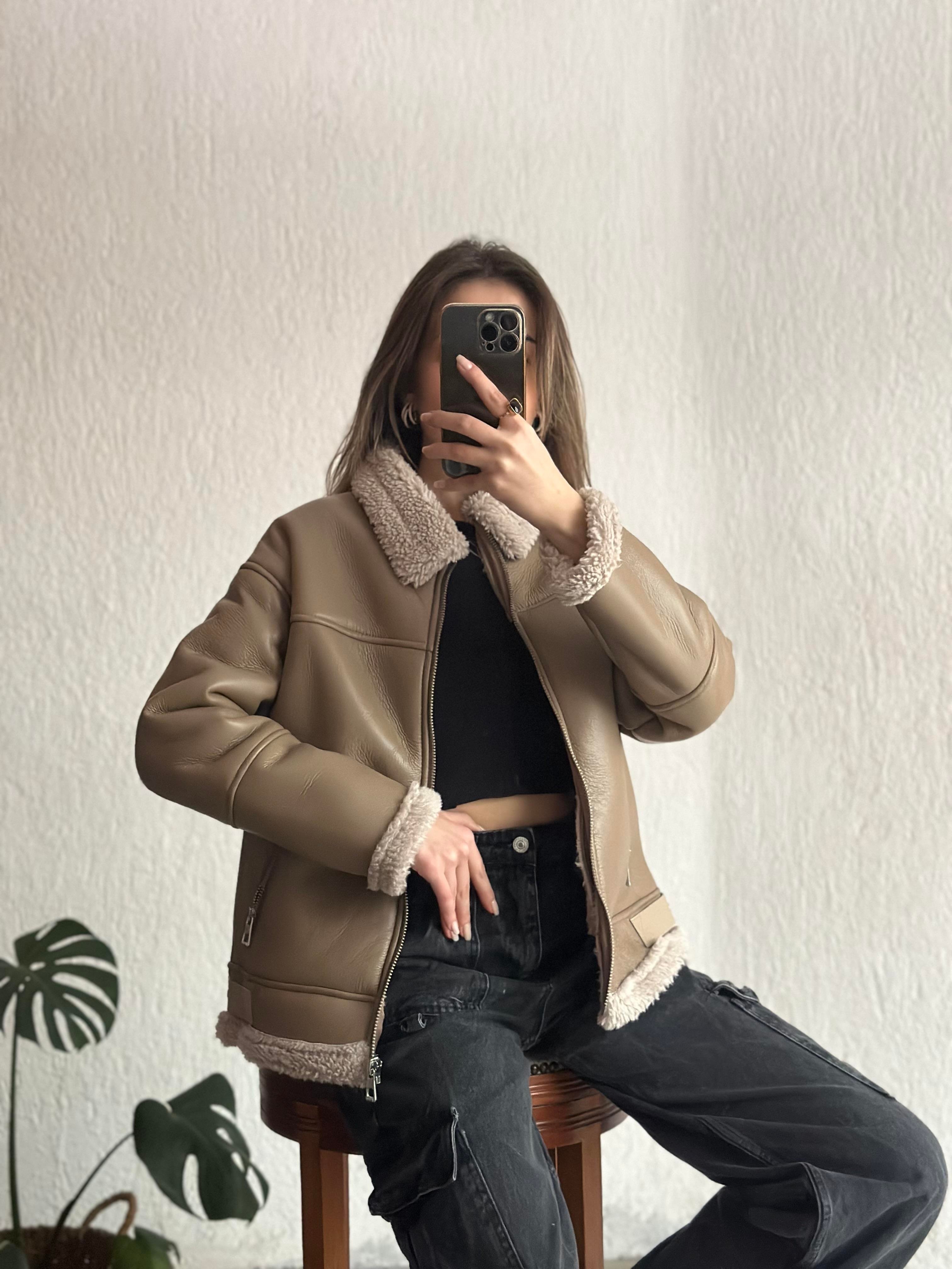 Kürklü Deri Biker Mont - Dominatrend