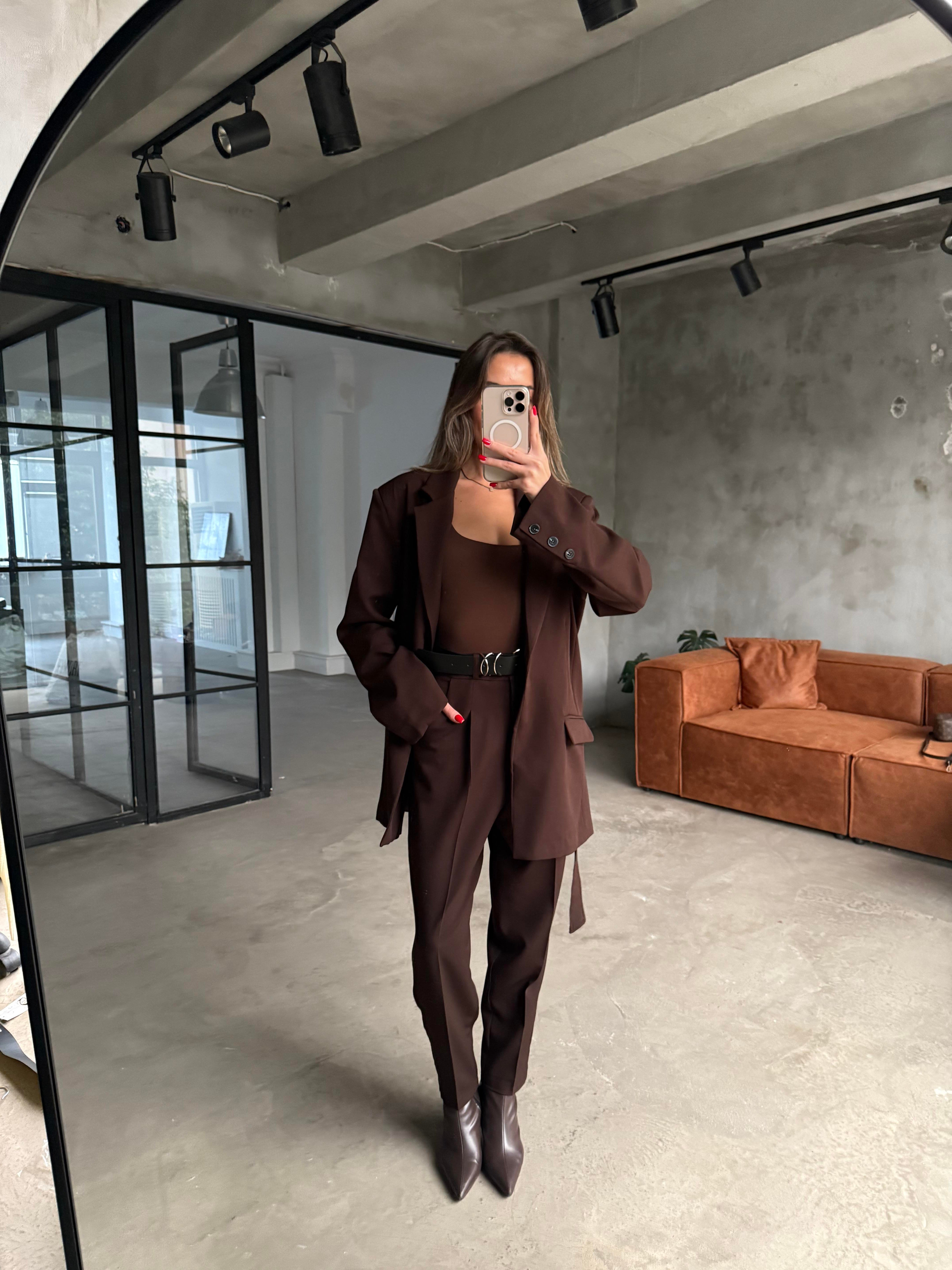 Kuşaklı Blazer Havuç Pantolon Takım - Kahverengi - Dominatrend