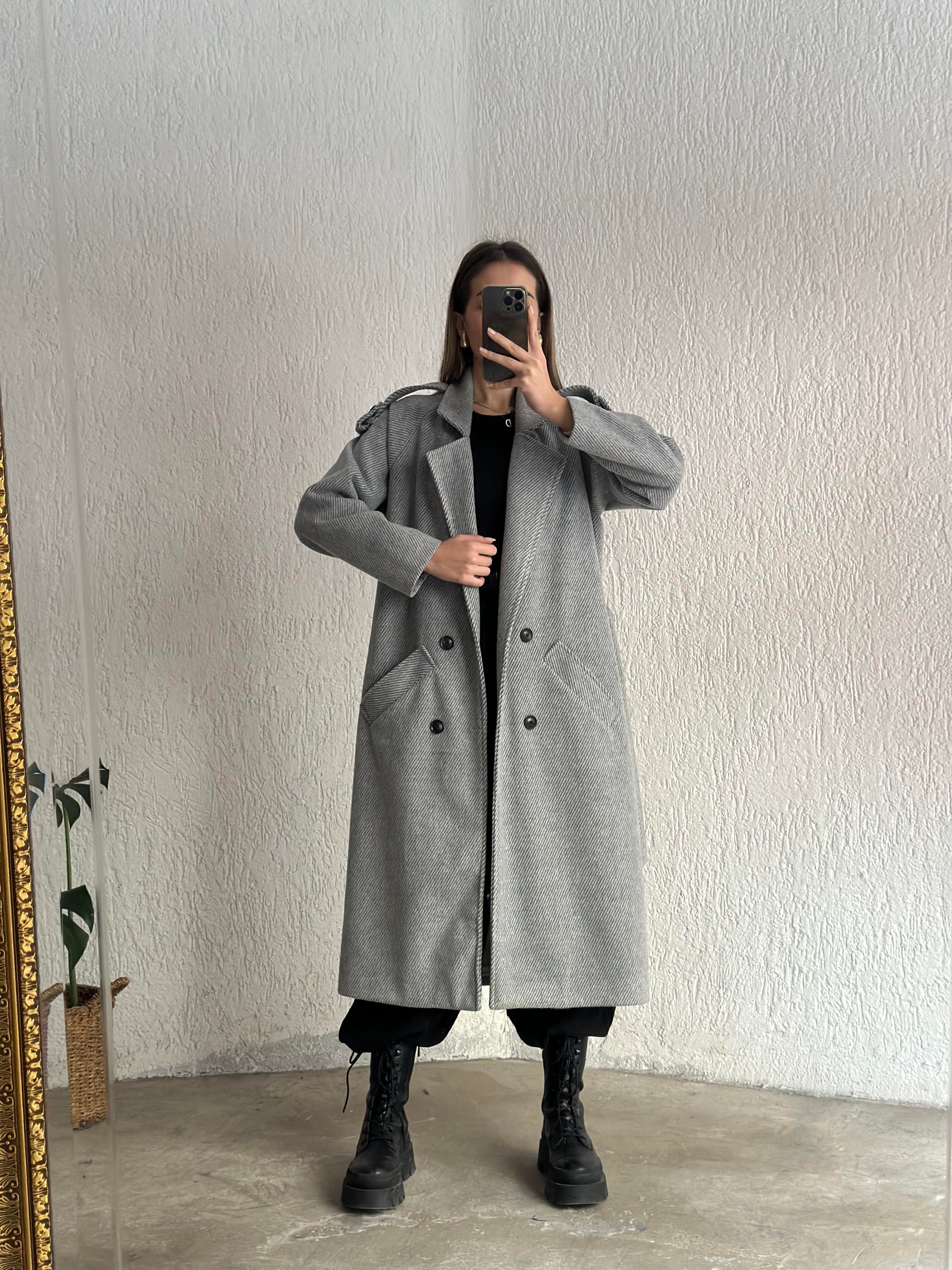 Kuşaklı Kaşe Kaban - Gri - Dominatrend