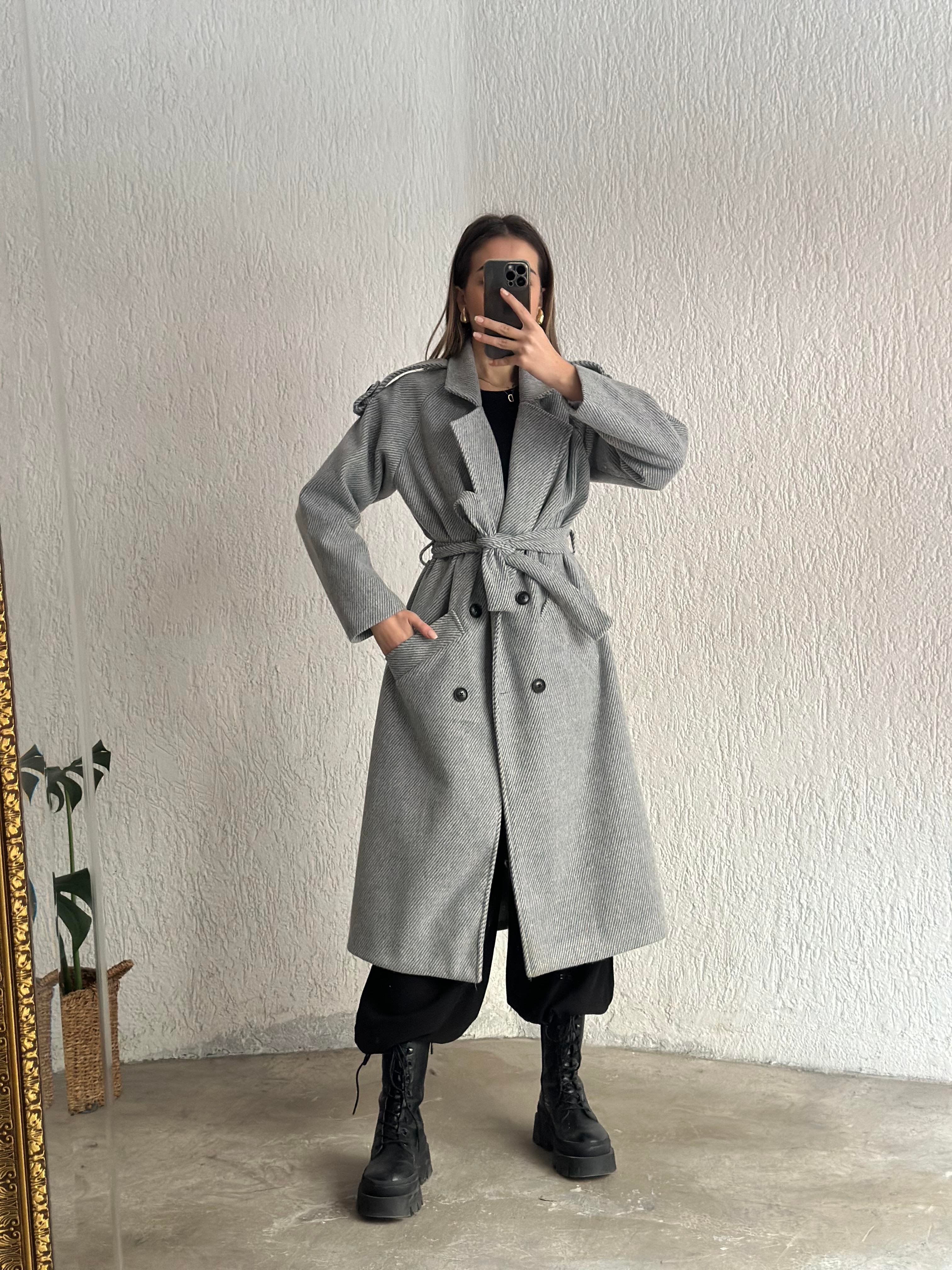 Kuşaklı Kaşe Kaban - Gri - Dominatrend