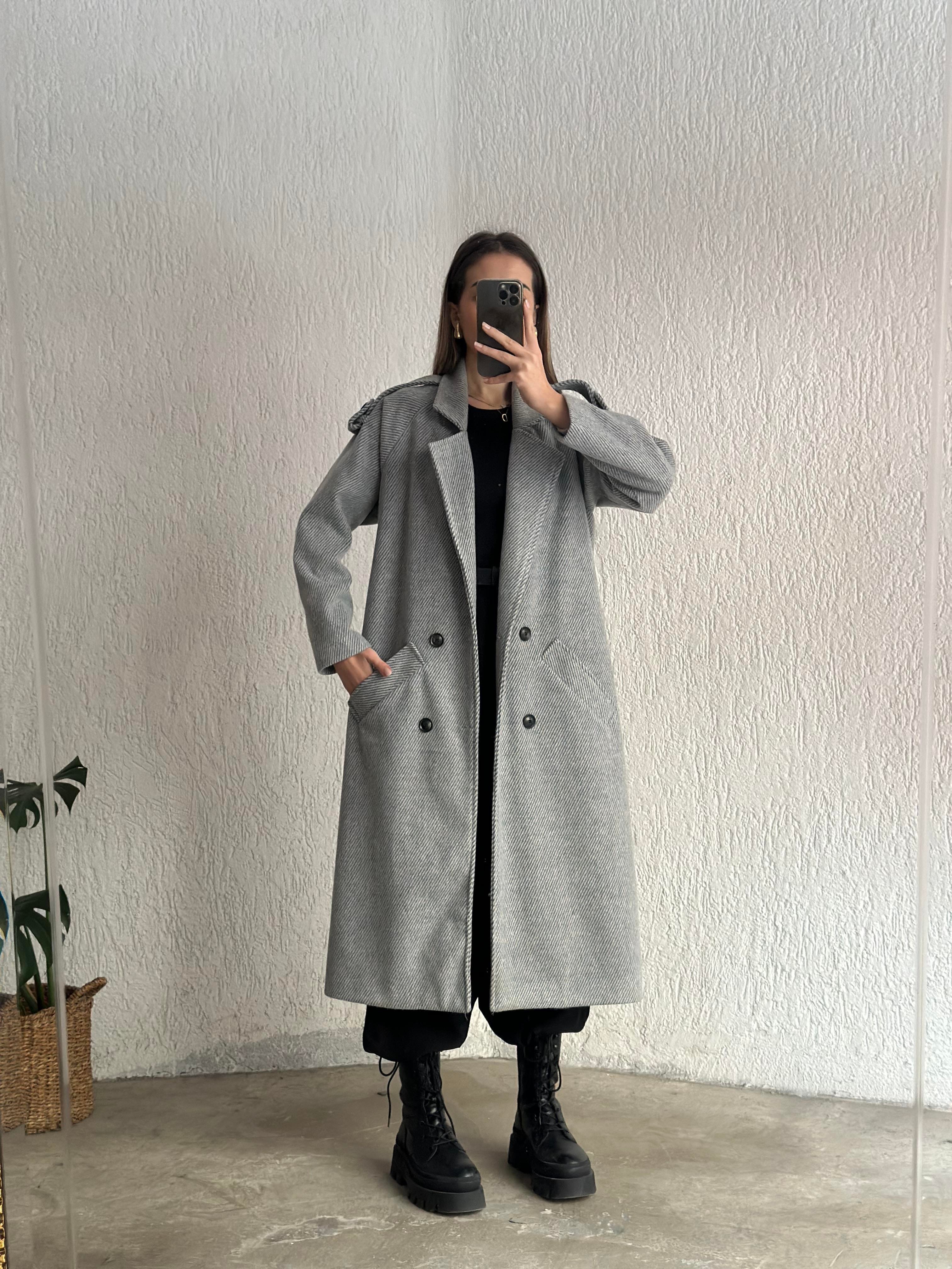 Kuşaklı Kaşe Kaban - Gri - Dominatrend
