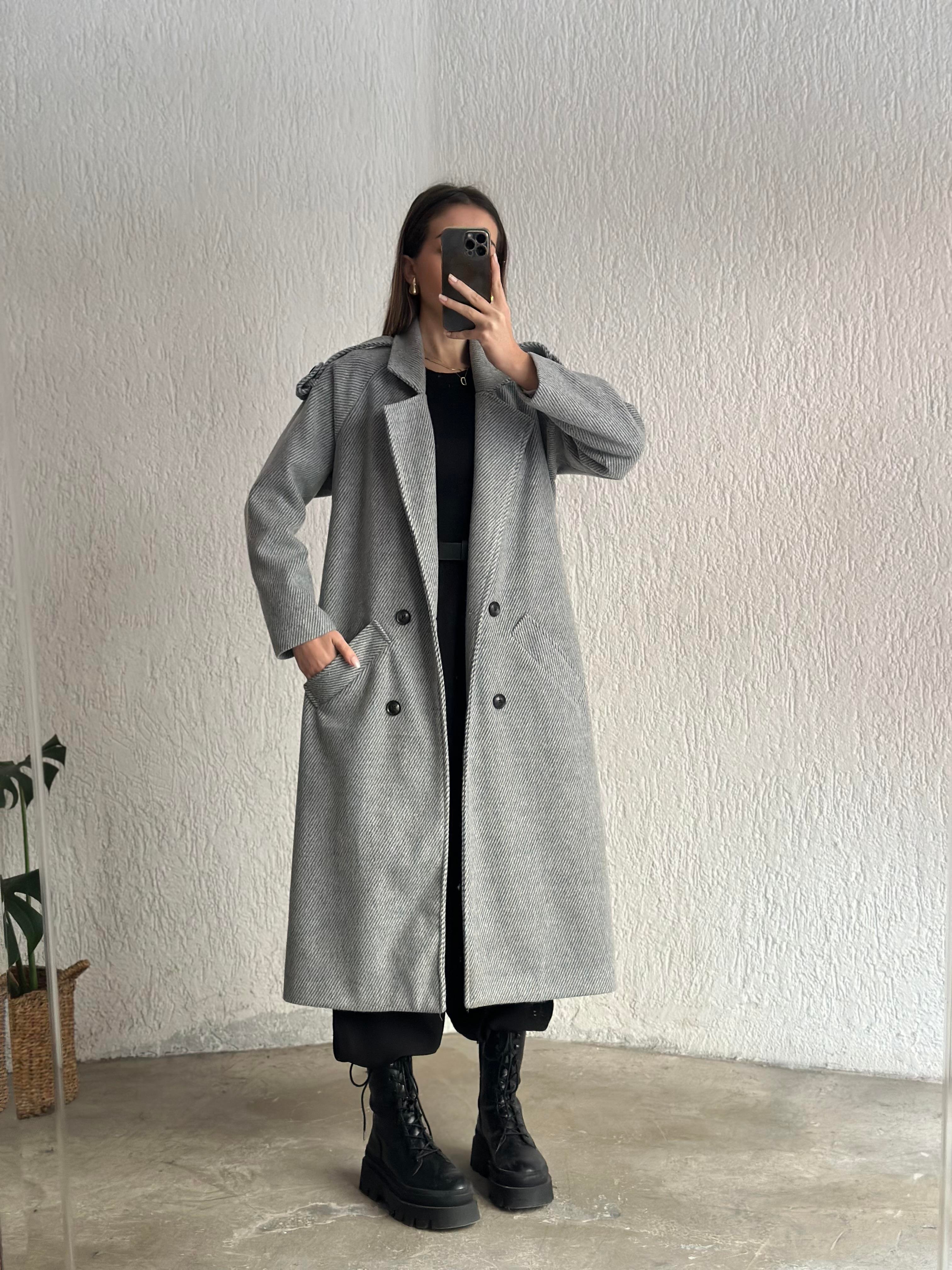 Kuşaklı Kaşe Kaban - Gri - Dominatrend