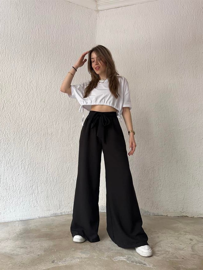 Kuşaklı Salaş Keten Pantolon - Siyah  - Dominatrend