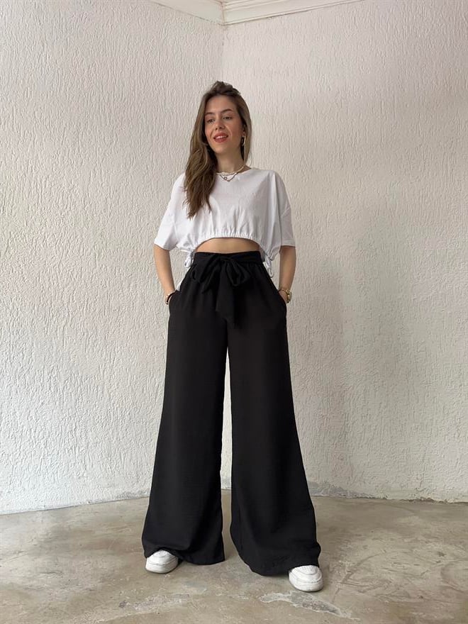 Kuşaklı Salaş Keten Pantolon - Siyah  - Dominatrend