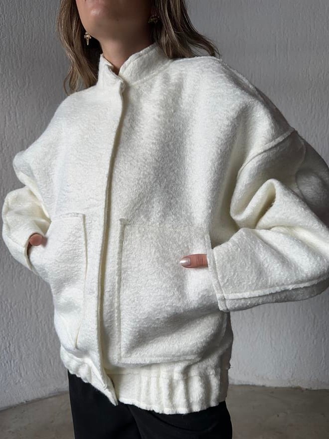 Kuzu Oversize Bomber Ceket - Beyaz - Dominatrend