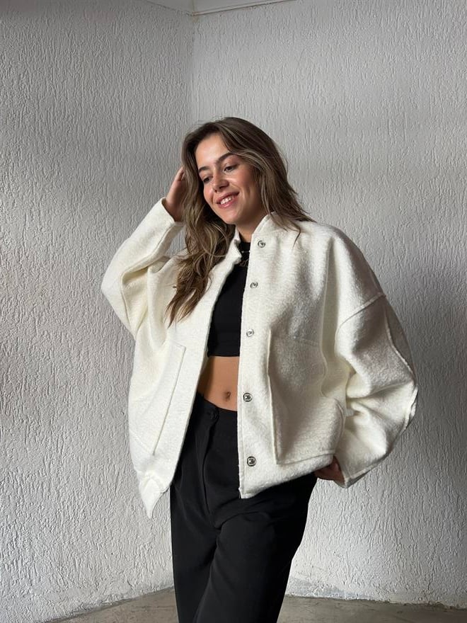 Kuzu Oversize Bomber Ceket - Beyaz - Dominatrend