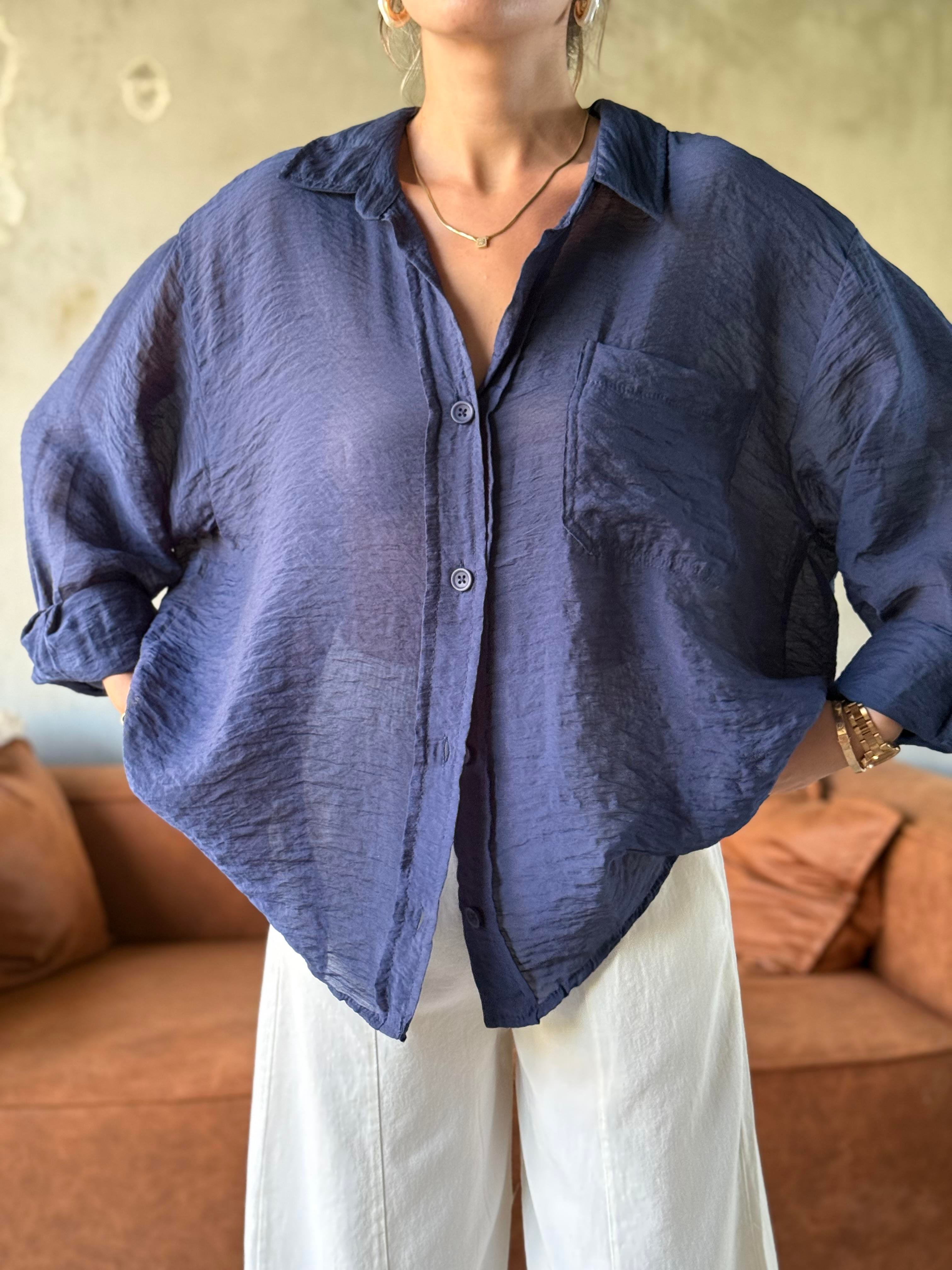 Lacivert Oversize Şifon Gömlek - Dominatrend