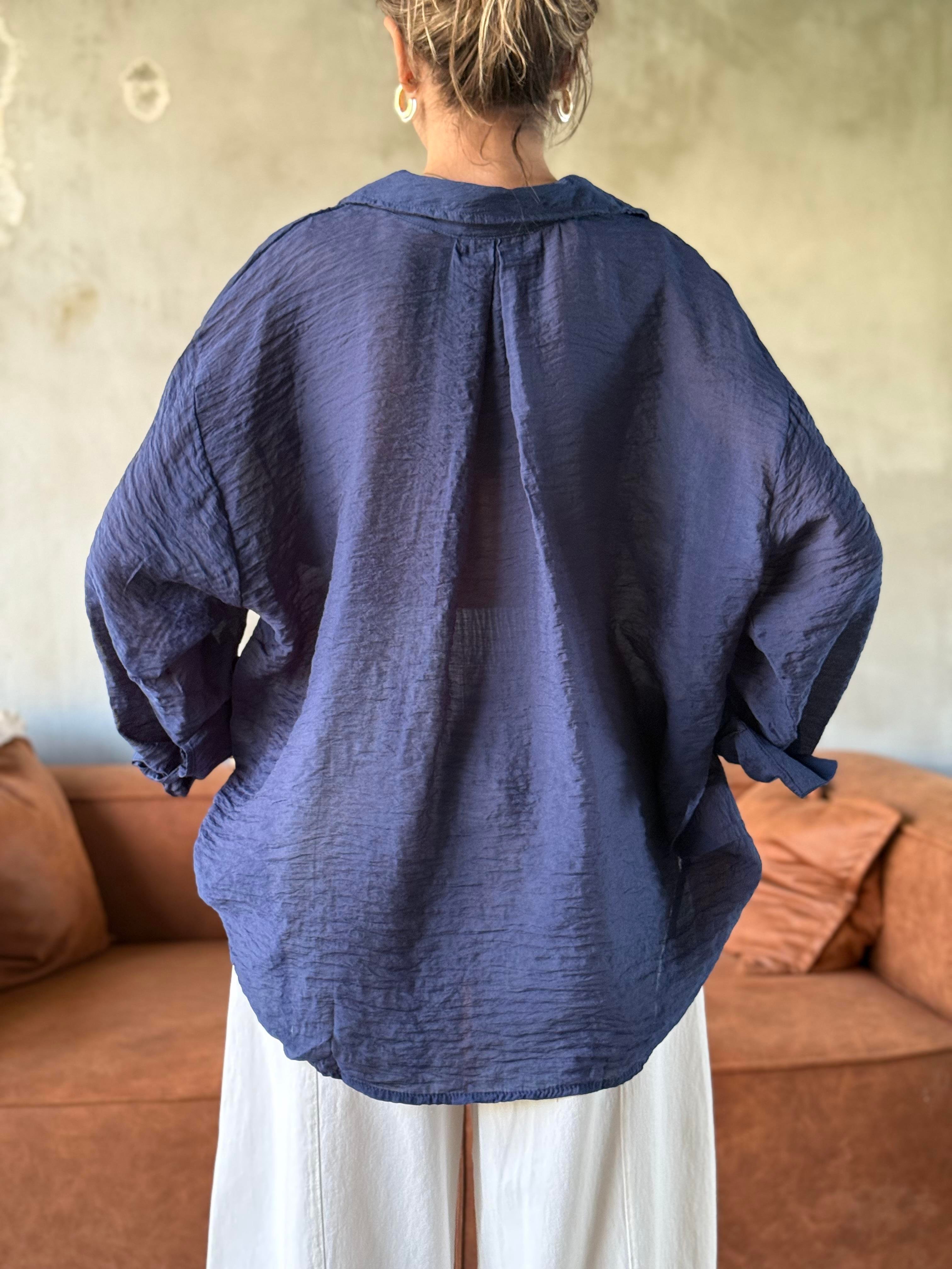 Lacivert Oversize Şifon Gömlek - Dominatrend