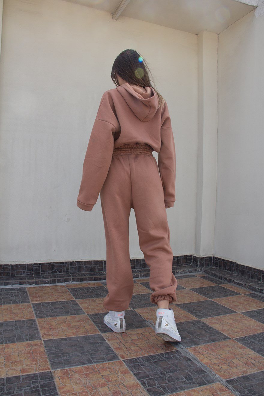 Lastik Detaylı Şardonlu  Eşofman Takımı - Camel - Dominatrend