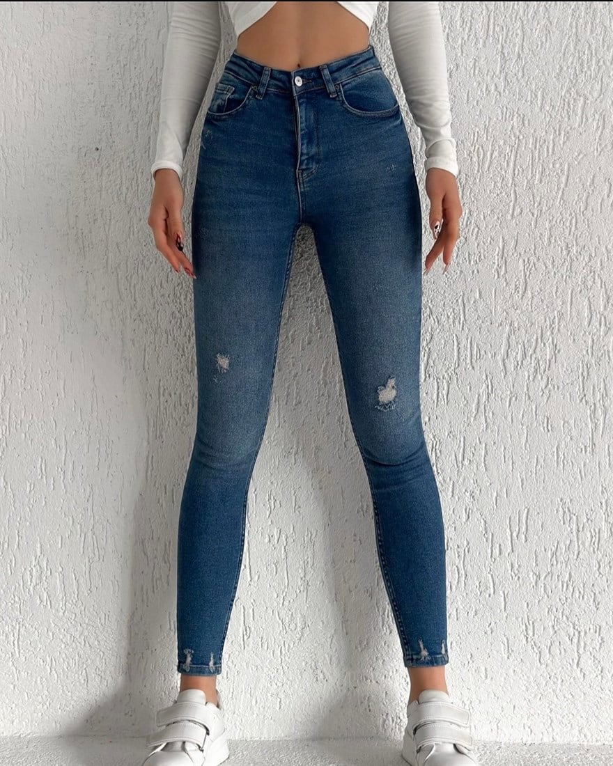 Lazer Kesikli Yüksek Bel Skinny Jean -Orta Ton - Dominatrend