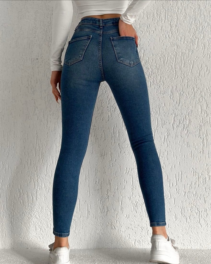 Lazer Kesikli Yüksek Bel Skinny Jean -Orta Ton - Dominatrend