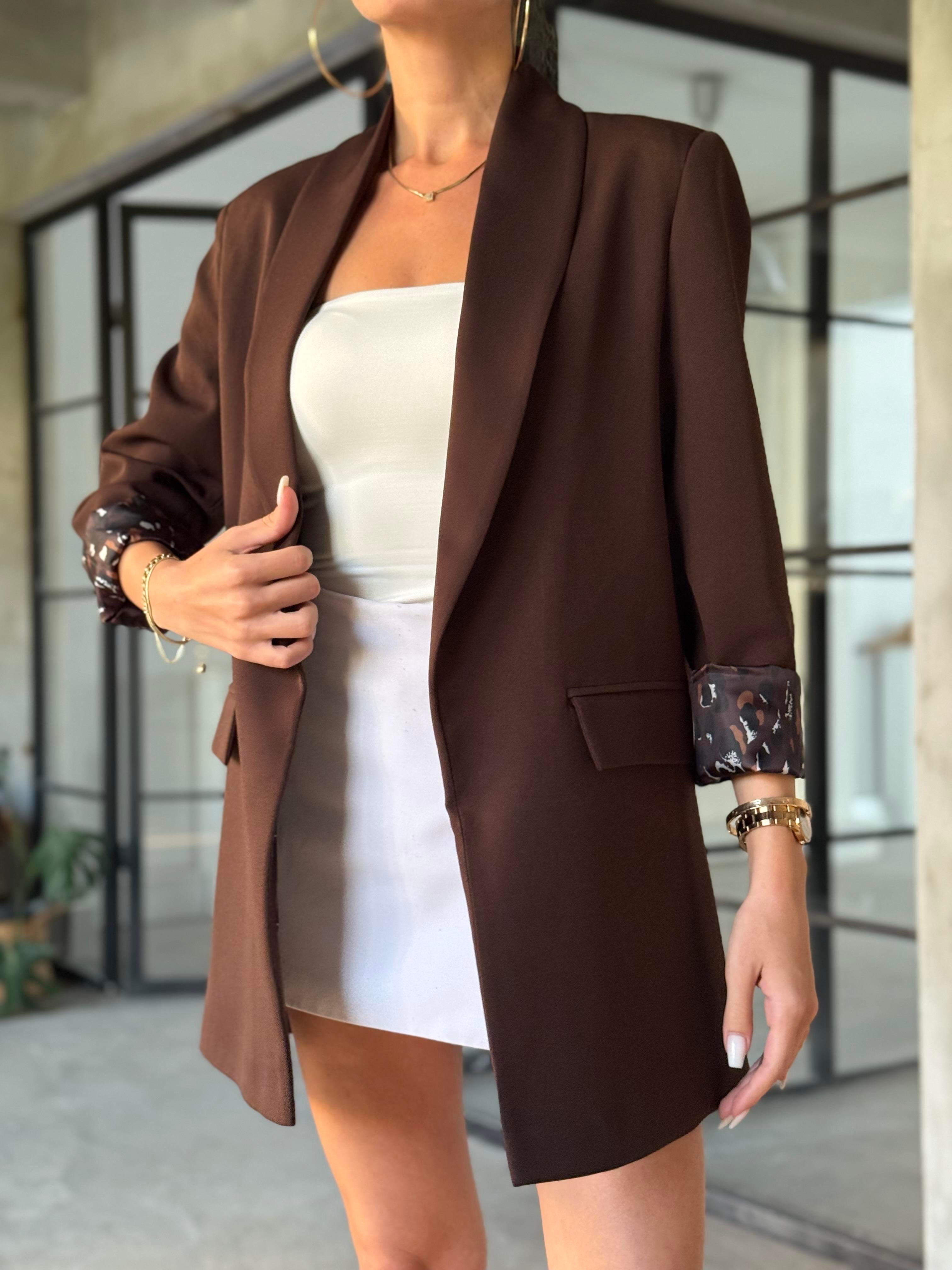 Leopar Astarlı Şal Yaka Premium Krep Blazer Ceket - Kahverengi - Dominatrend