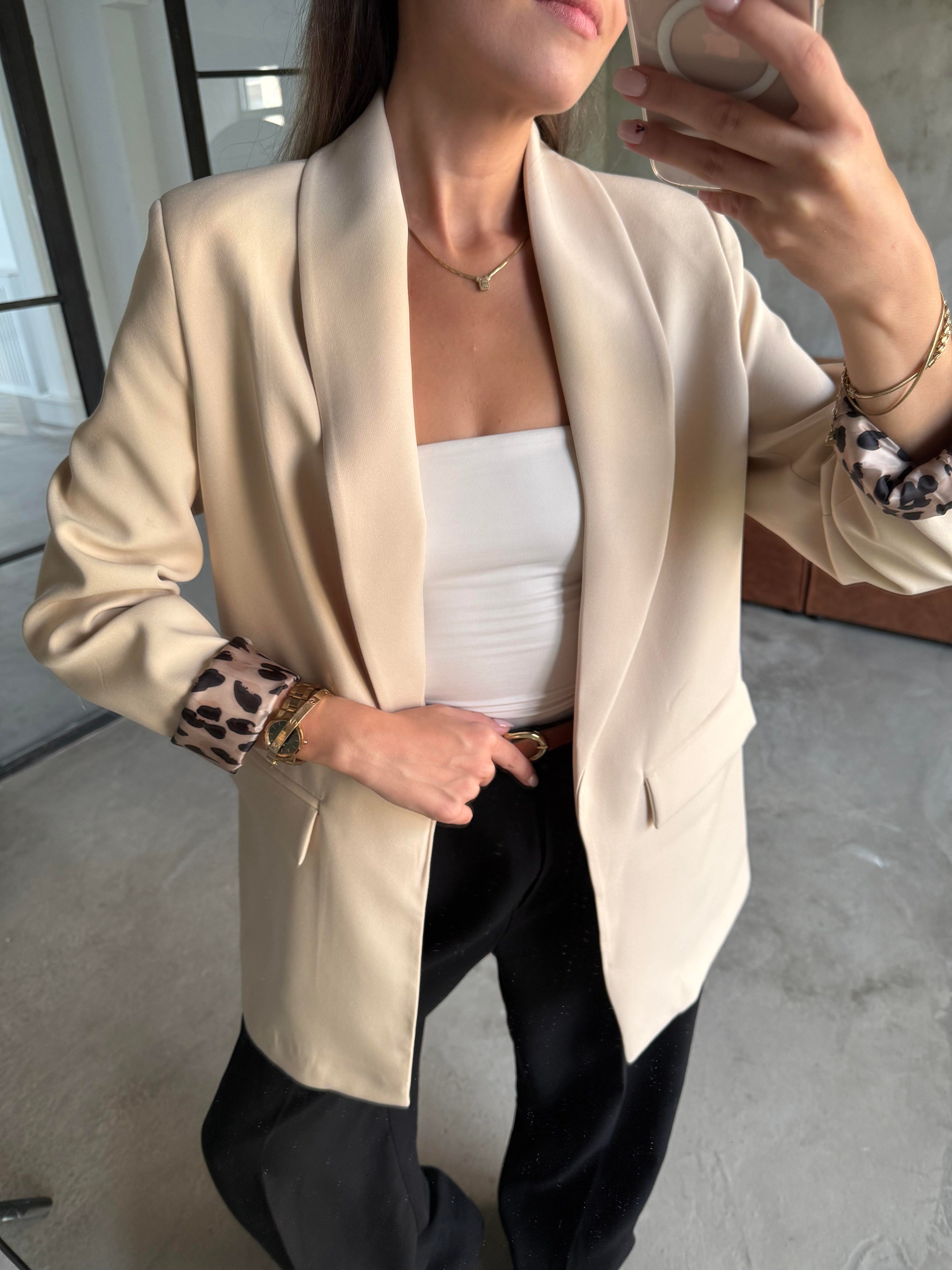 Leopar Astarlı Şal Yaka Premium Krep Blazer Ceket - Camel - Dominatrend