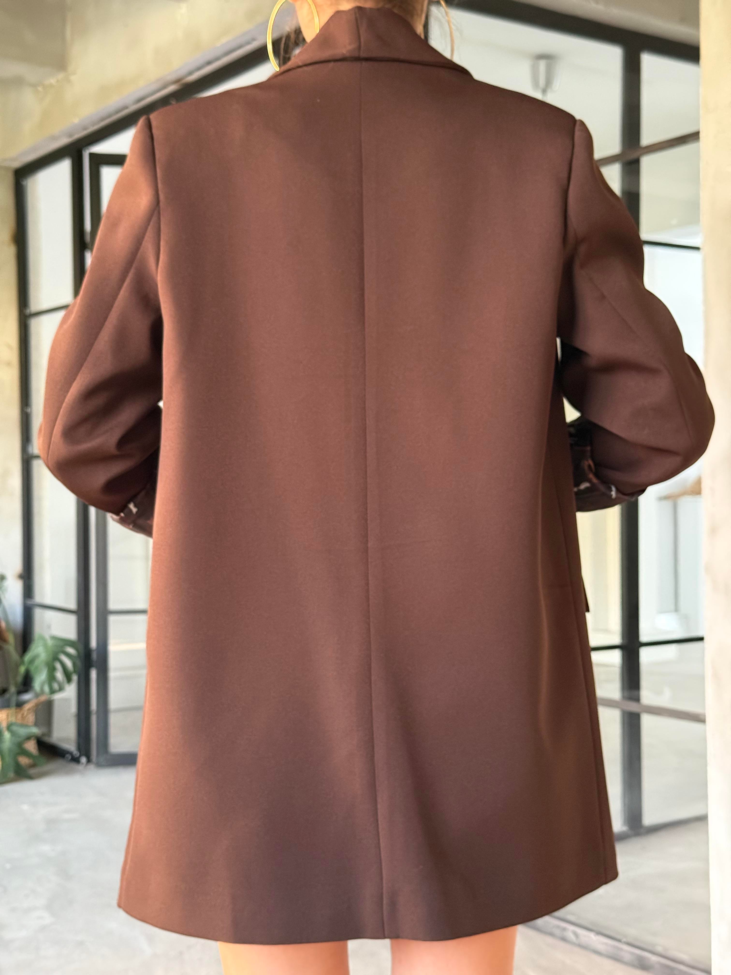 Leopar Astarlı Şal Yaka Premium Krep Blazer Ceket - Kahverengi - Dominatrend