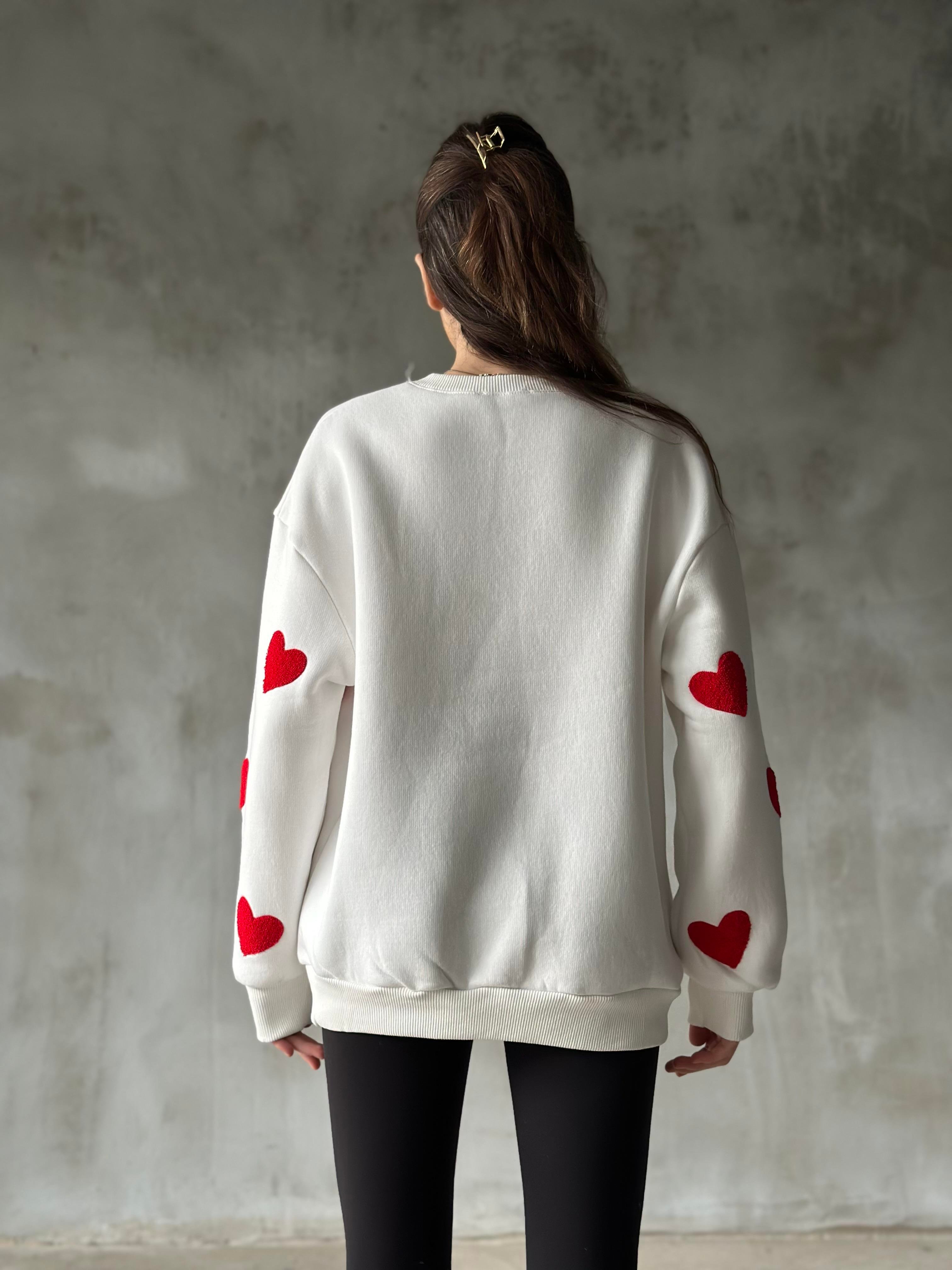 Love Kalp Nakışlı Sweatshirt - Beyaz - Dominatrend