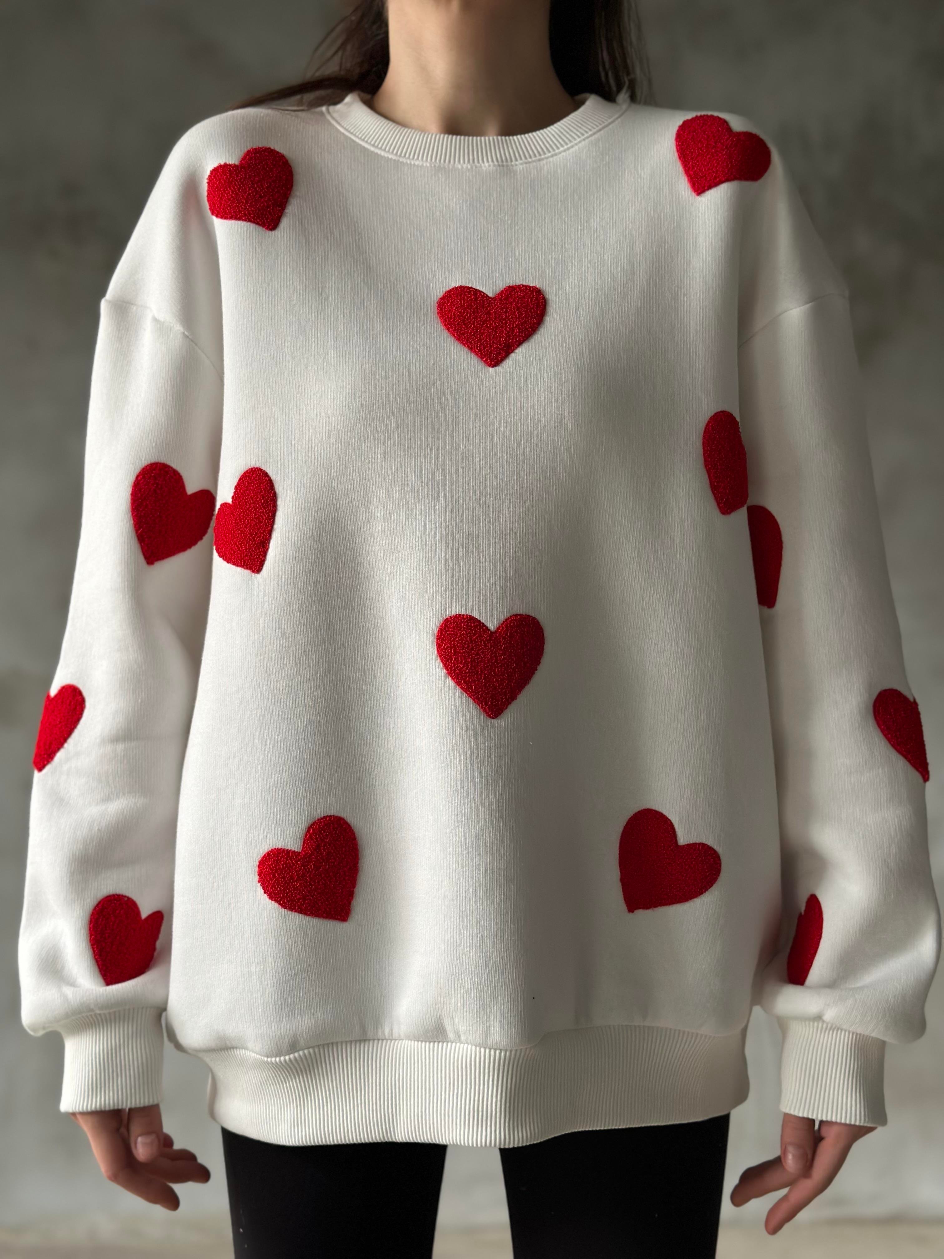 Love Kalp Nakışlı Sweatshirt - Beyaz - Dominatrend