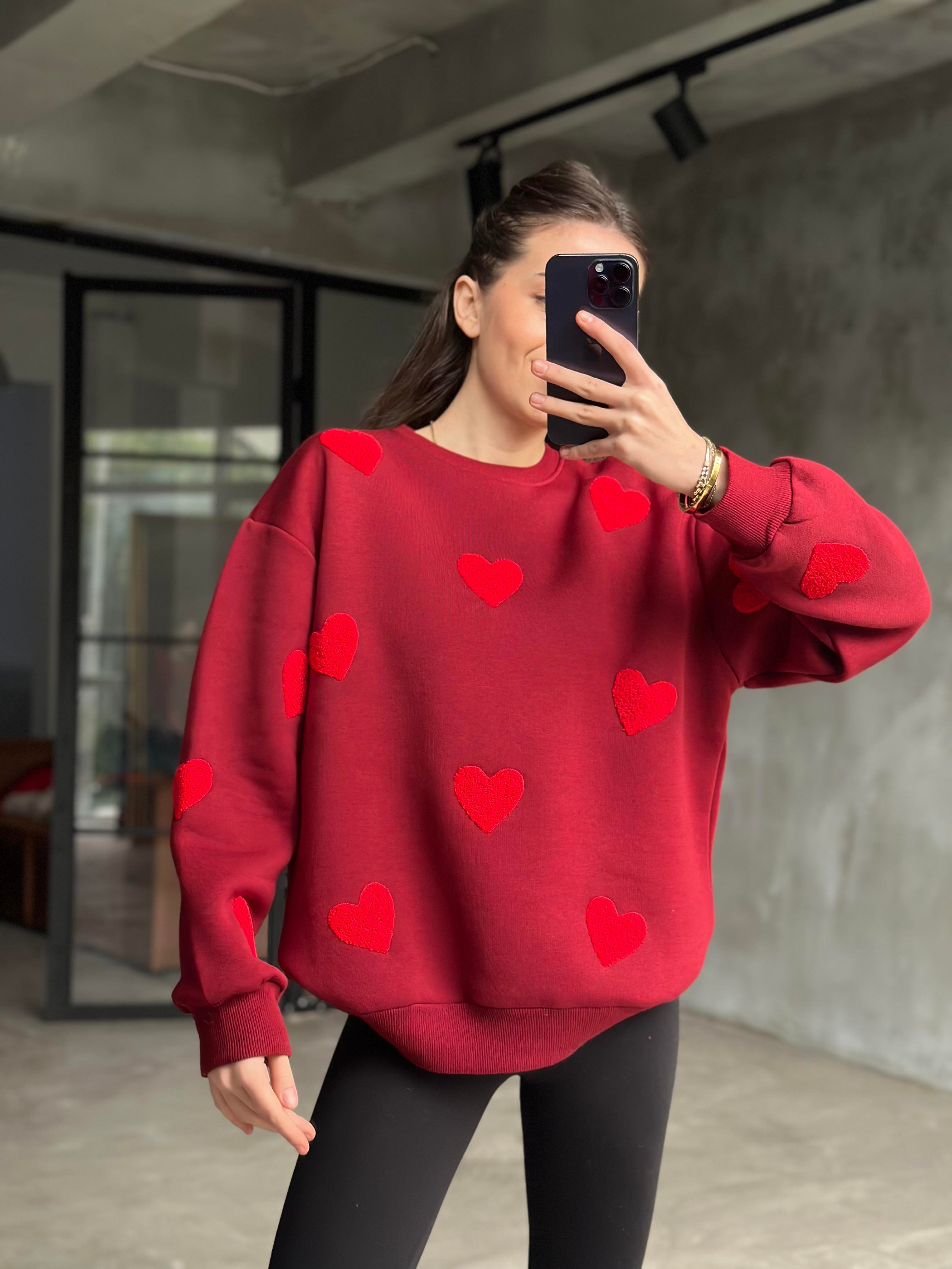 Love Kalp Nakışlı Sweatshirt - Bordo - Dominatrend