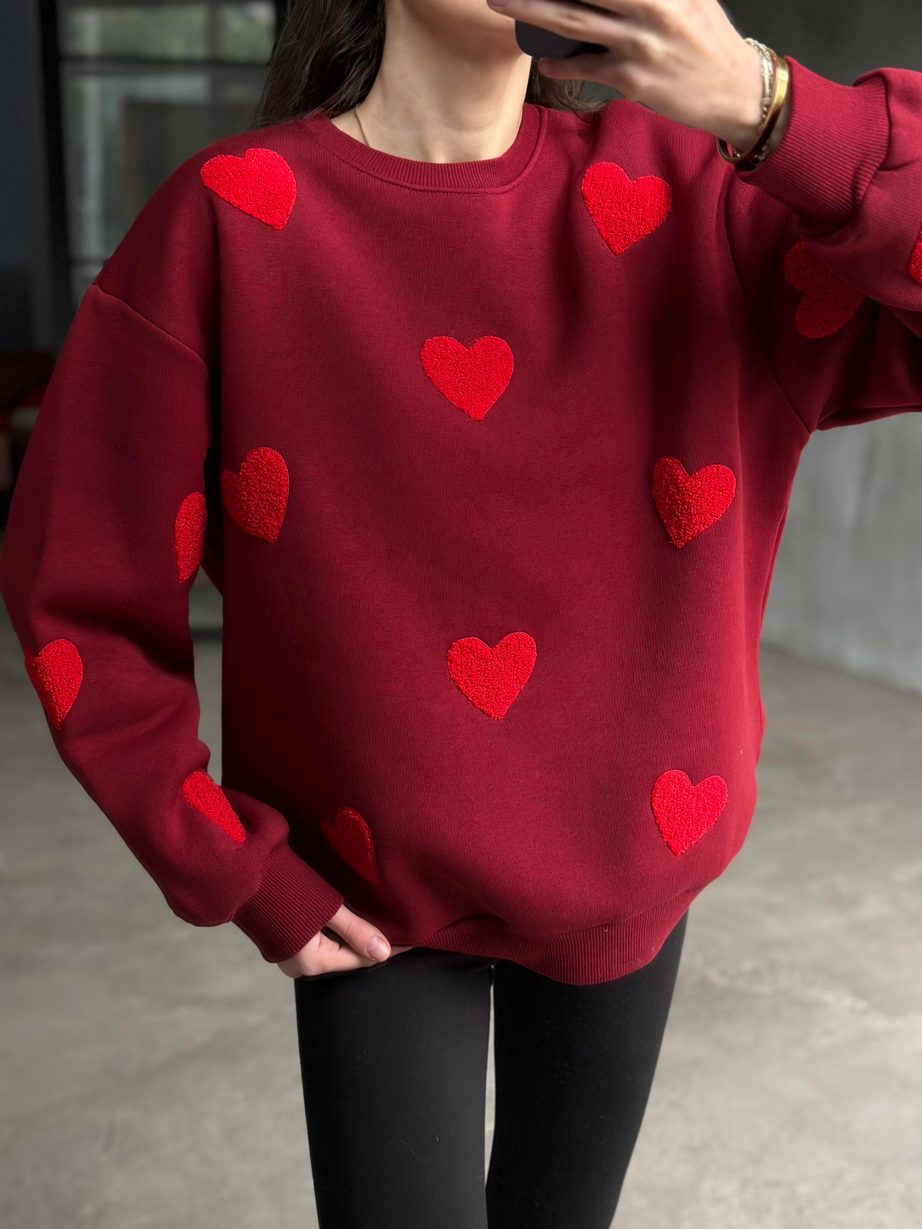 Love Kalp Nakışlı Sweatshirt - Bordo - Dominatrend