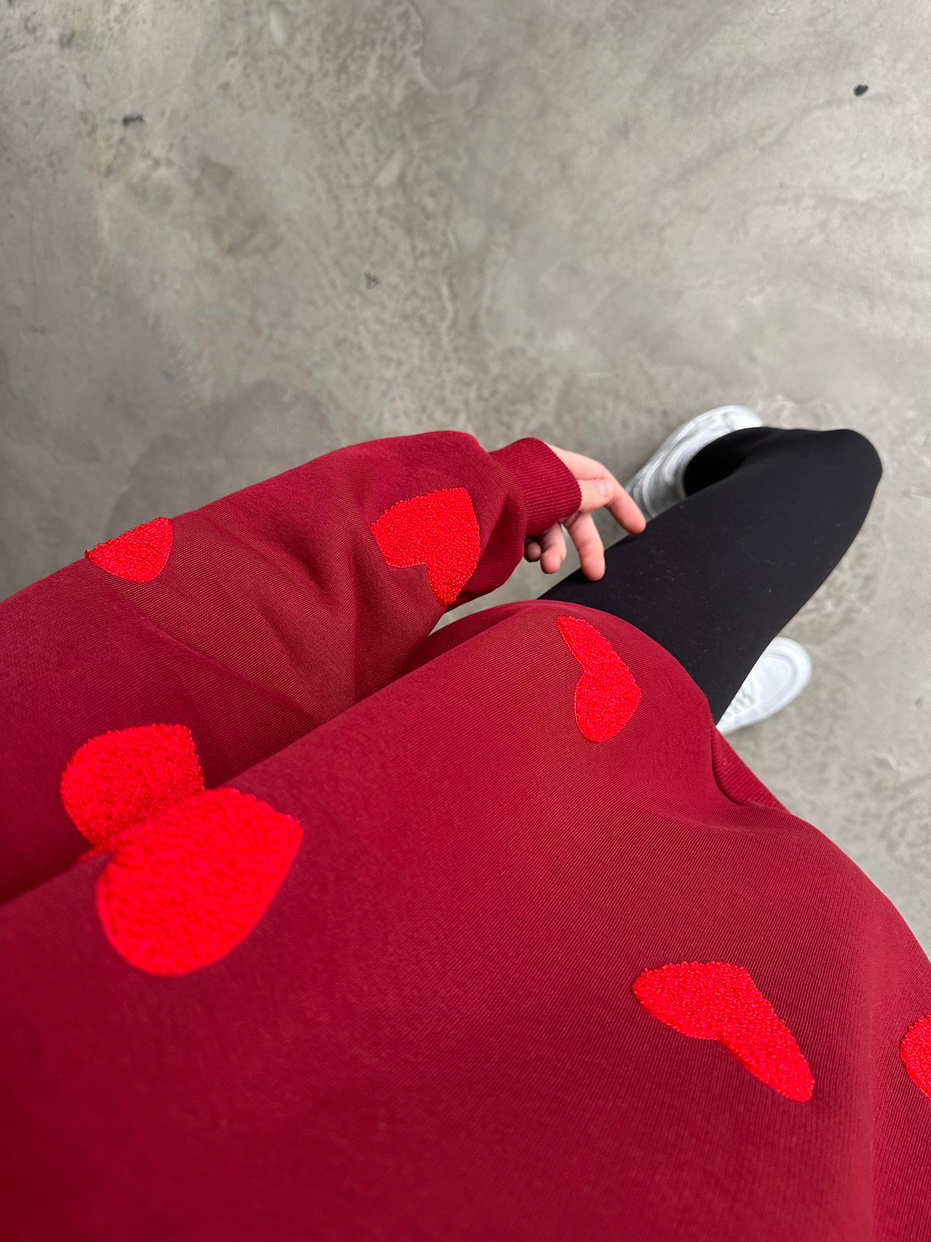 Love Kalp Nakışlı Sweatshirt - Bordo - Dominatrend