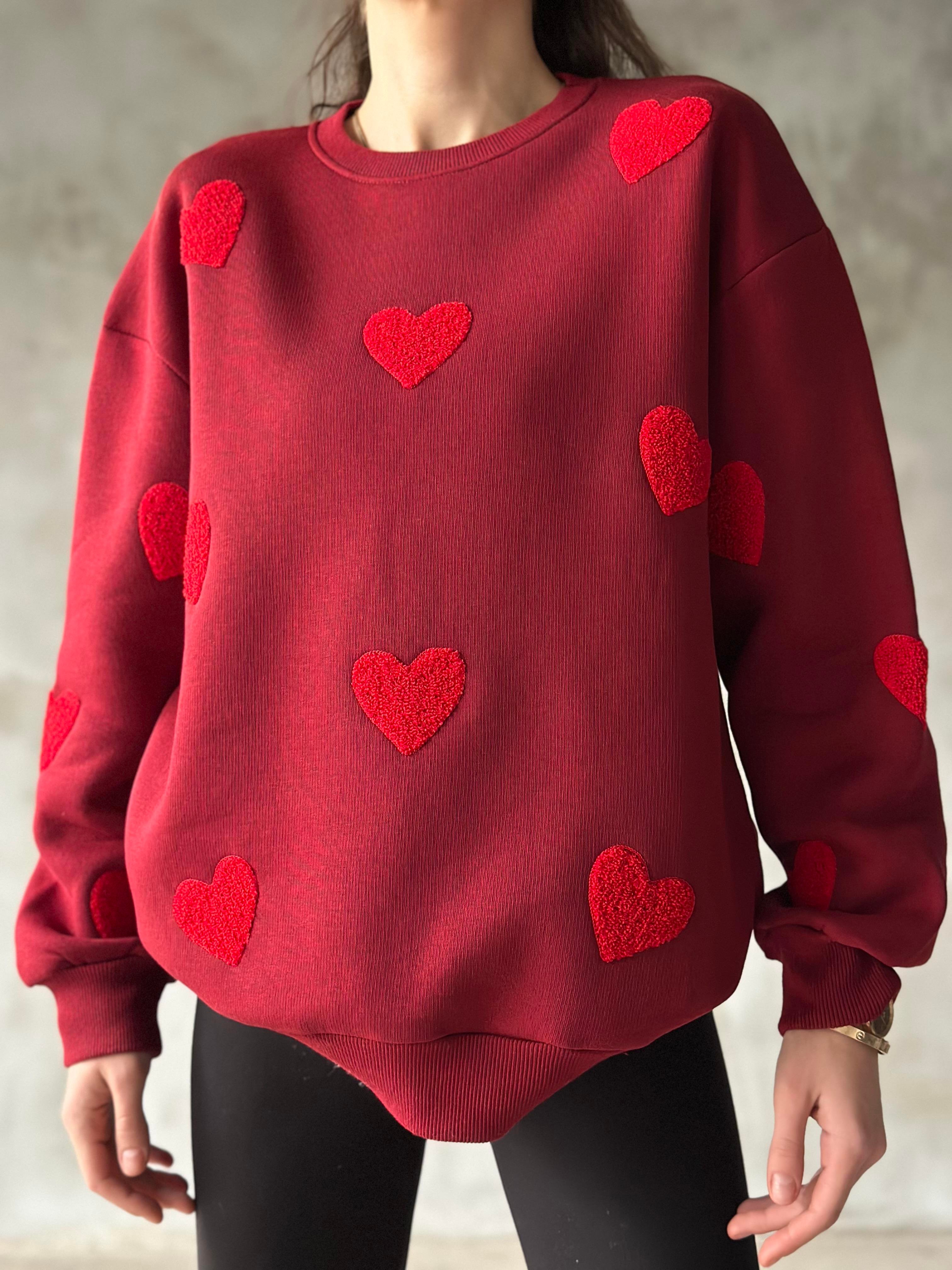 Love Kalp Nakışlı Sweatshirt - Bordo - Dominatrend