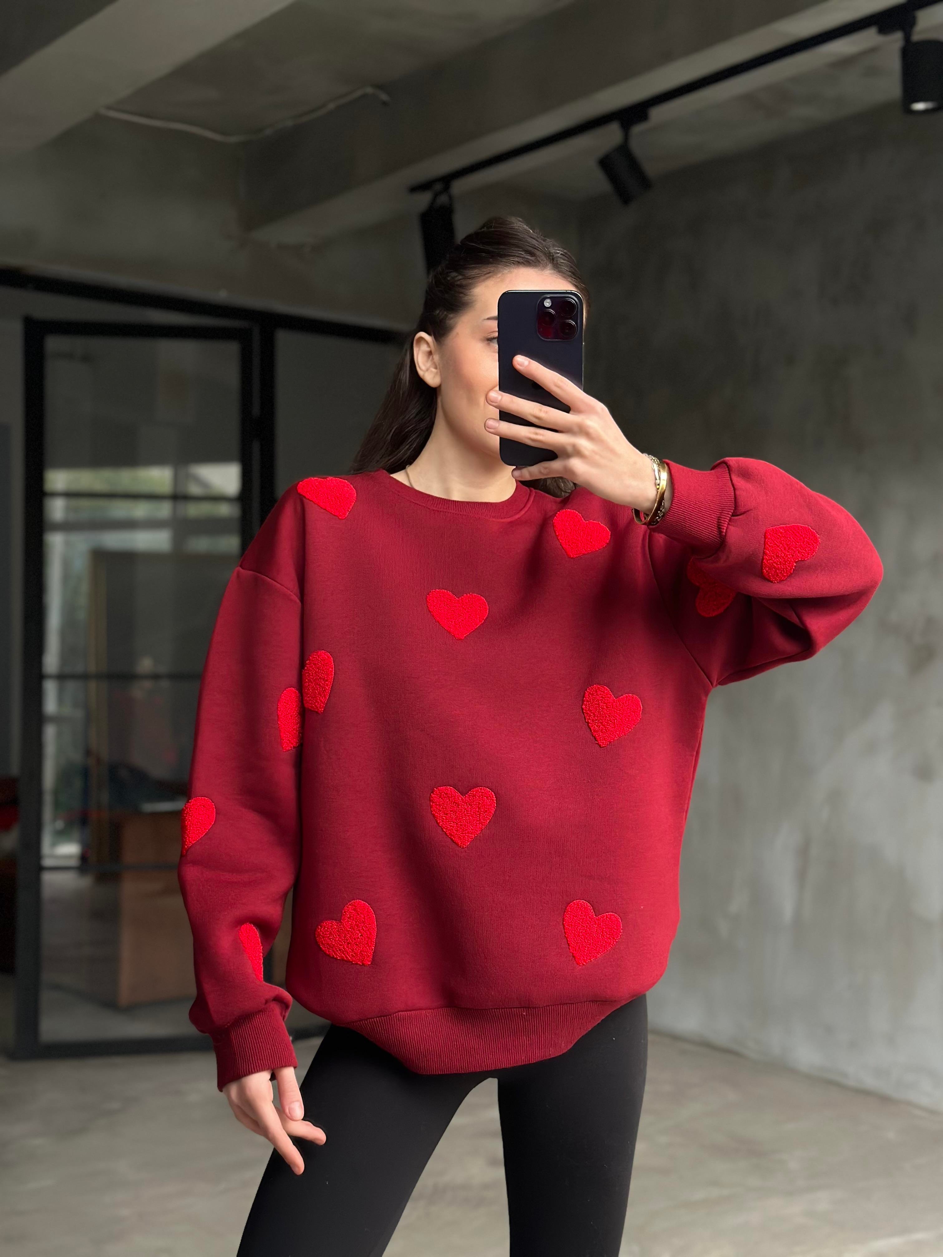 Love Kalp Nakışlı Sweatshirt - Bordo - Dominatrend